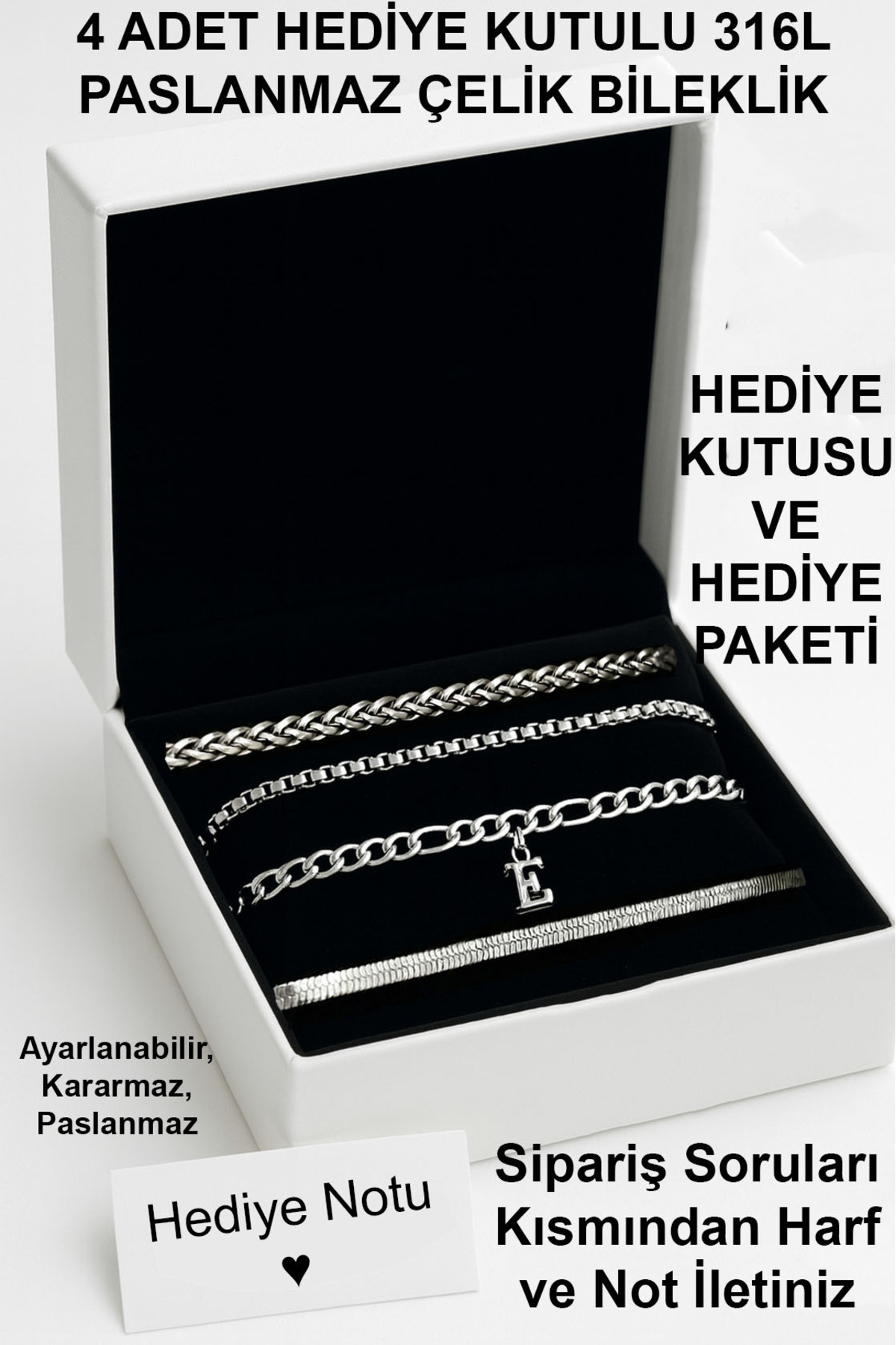 renery 4 ADET Harfli 316L Paslanmaz, Kararmaz, Unisex, Çelik Bileklik Seti, Sevgili, Çift Arkadaş Bilekliği