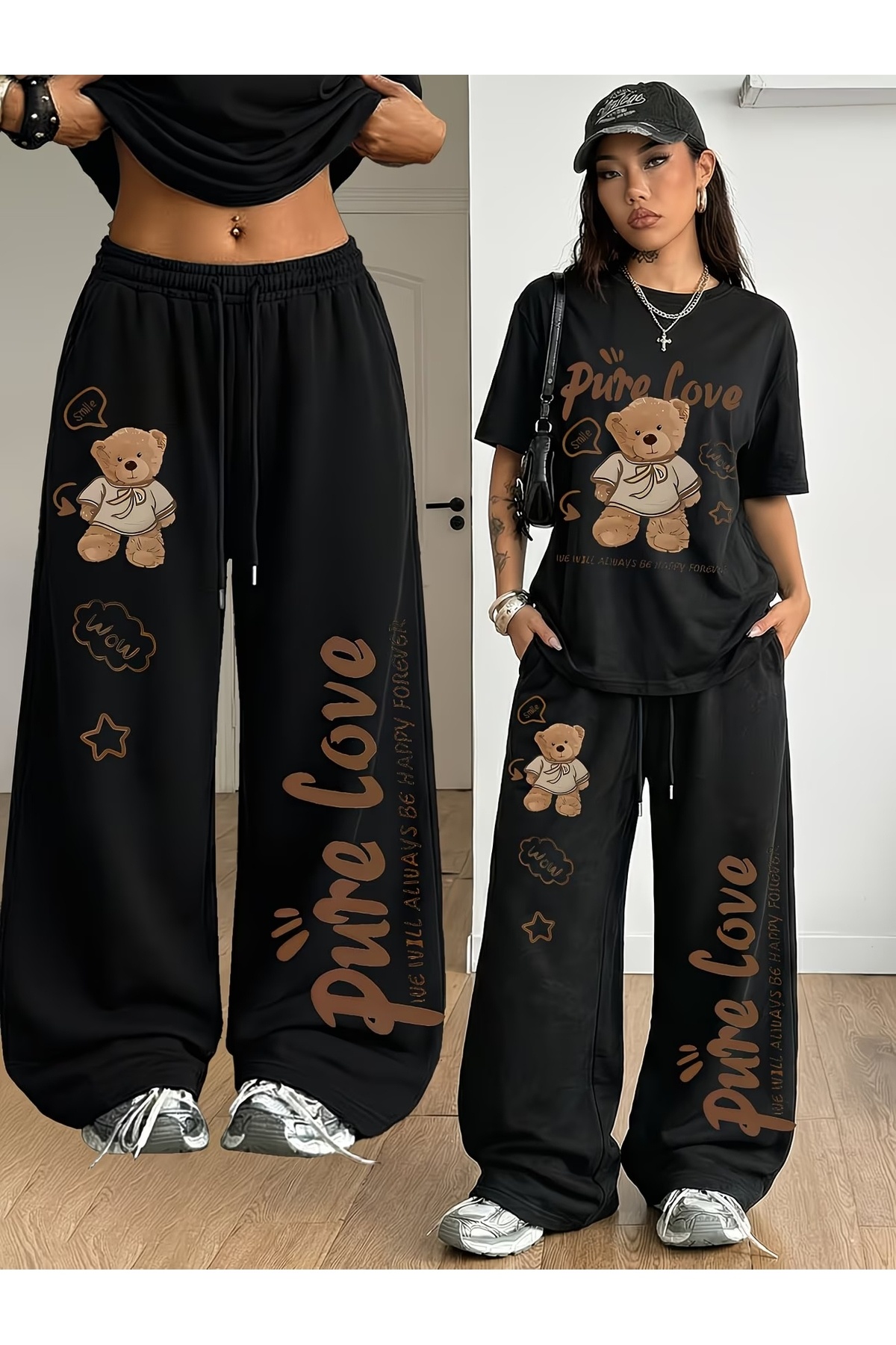 macklin Unisex Kadın Erkek Pure Love Bear Baskılı Oversize Tshirt ve Baggy Eşofman Altı - Yazlık İkili Eşofman Takımı