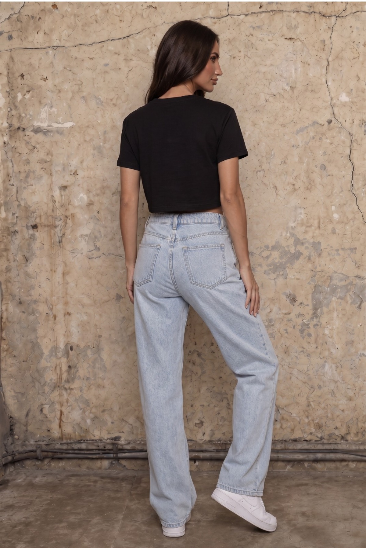 Kadın Yuvarlak Yaka Relaxed Fit Kısa Kol Basic Crop T-Shirt SİYAH 4