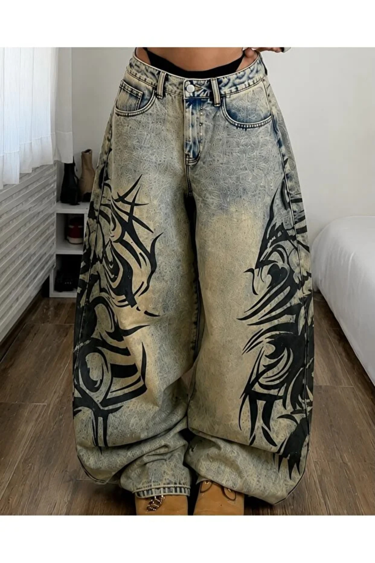 Bravebell Yıkamalı Tint Dragon Detail Baggy Unisex Jean