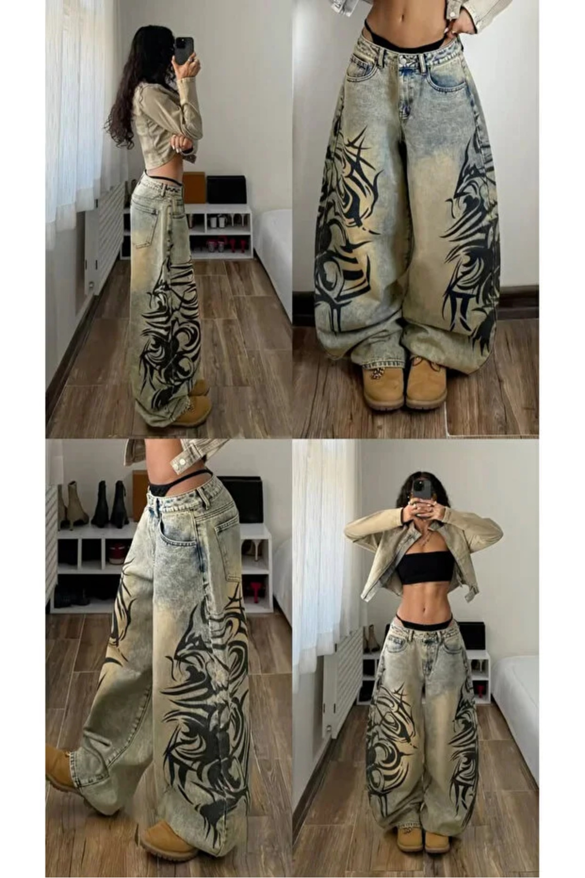 Bravebell Yıkamalı Tint Dragon Detail Baggy Unisex Jean görsel 4