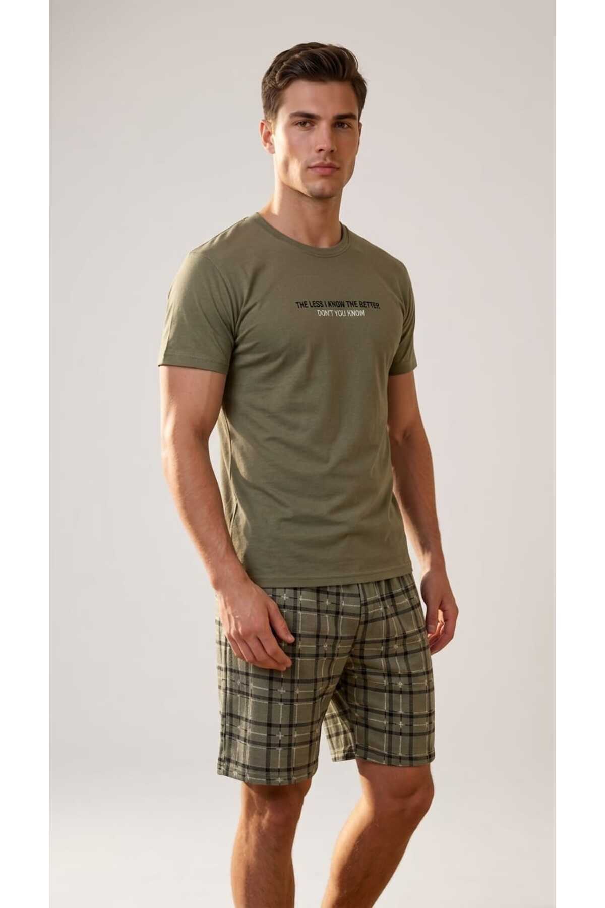 Sude HOMEWEAR Men's Short Sleeve Shorts Khaki Green Plaid Pajama Set
