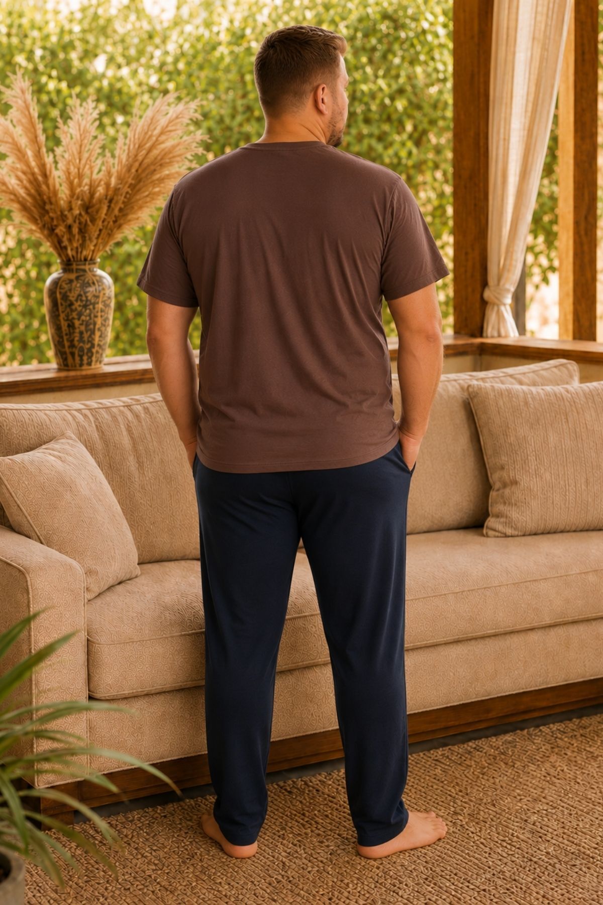 nisaNCa Büyük Beden %100 Pamuk Erkek Pijama Takımı 3XL-6XL Rahat Kalıp Kısa Kollu Ev Giyim görsel 4