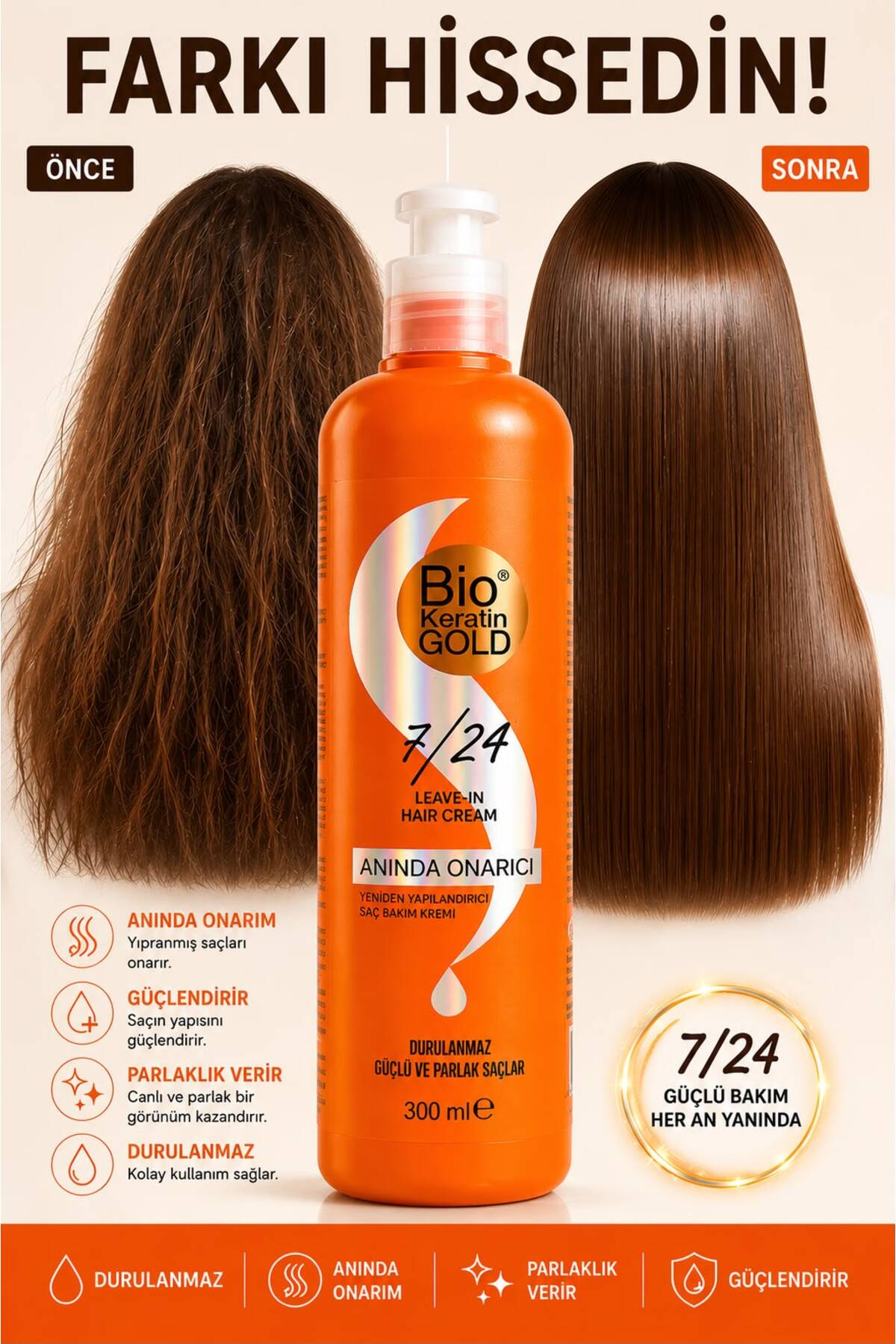Bio Keratin Gold 7/24 Anında Onarıcı Yeniden Yapılandırıcı Saç Bakım Kremi 300ml Durulanmaz — A678