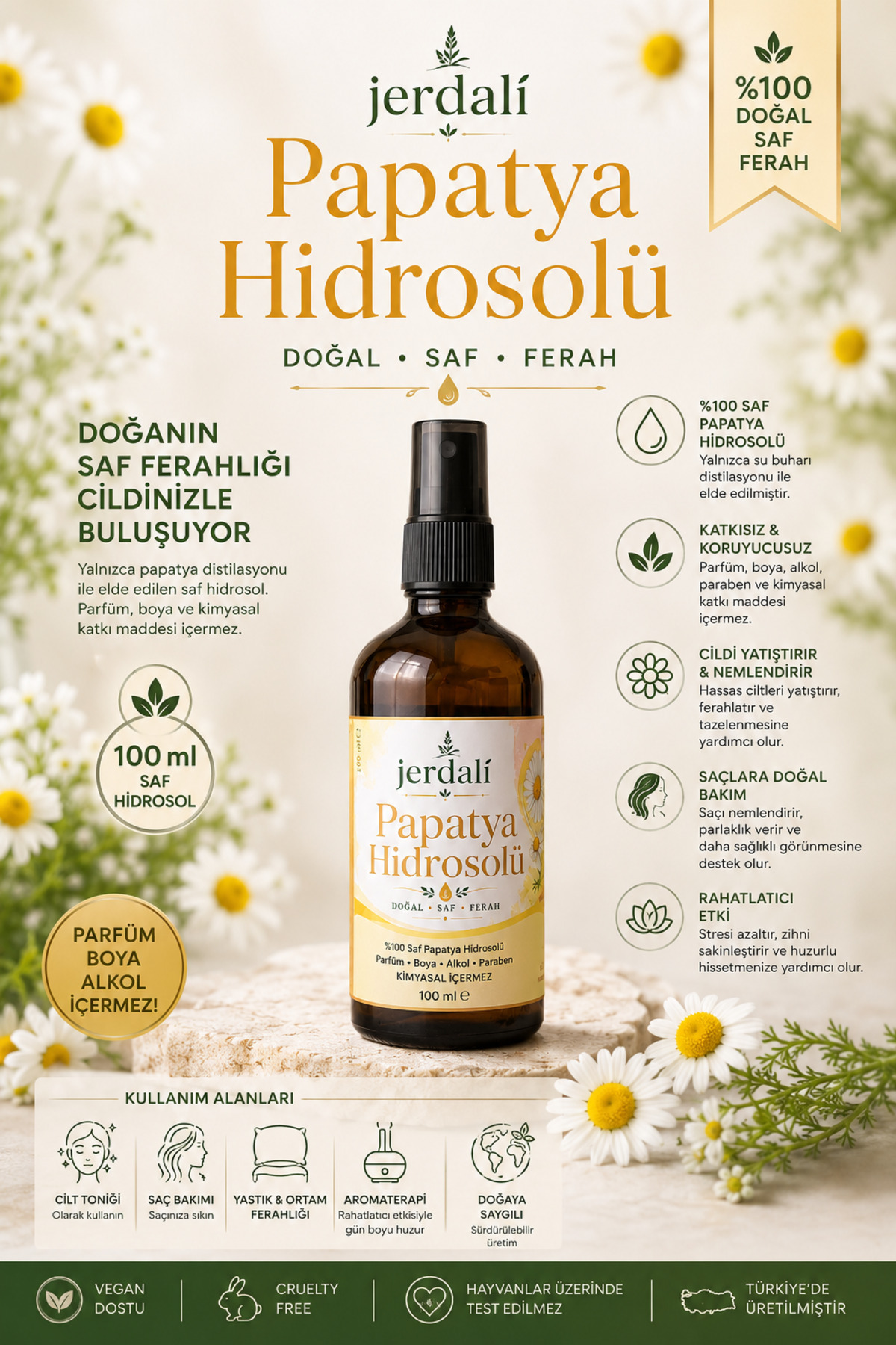 Papatya Hidrosolü 100 ml | %100 Saf Doğal Papatya Suyu | Buhar Distilasyonu ile Elde Edilmiş Aromatik Papatya Suyu Papatya Mayası — ppty-hid-100ml