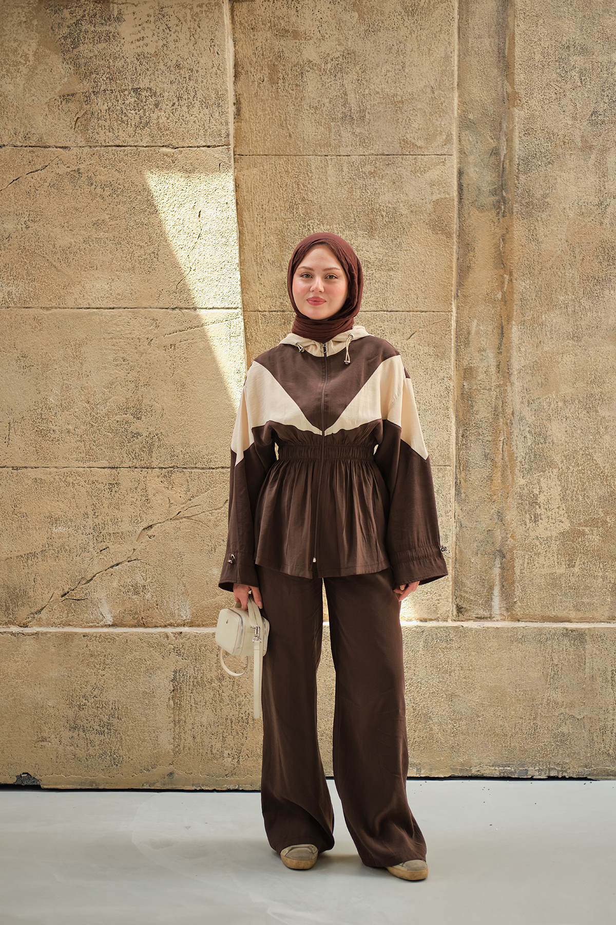LOCCO Women's Double Color Detailed Hooded Parachute Suit Brown