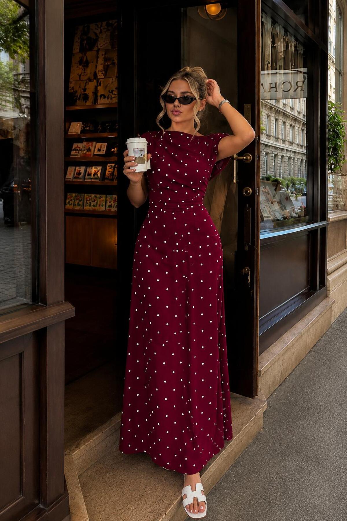yusuf tekstil Women's Polka Dot Patterned Boat Neck Draped Dress
