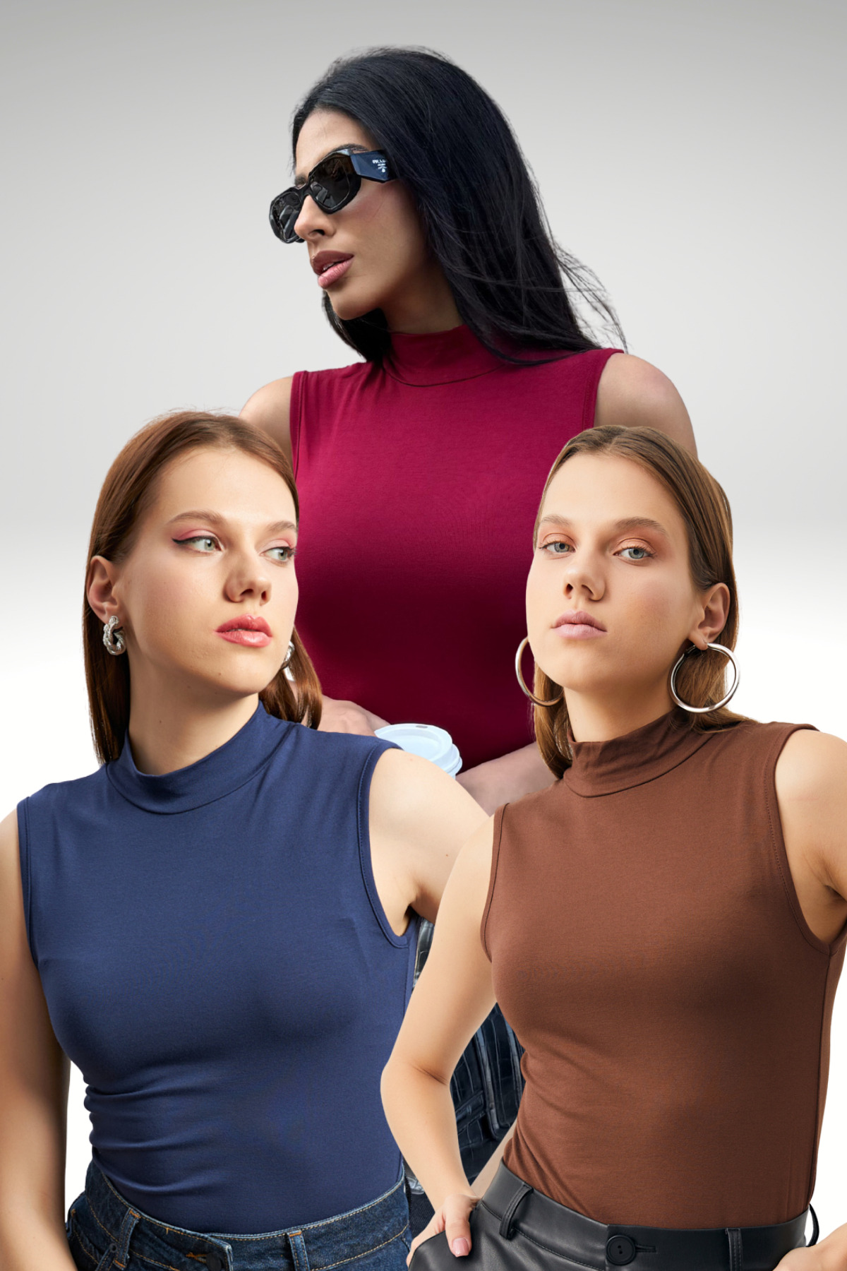 Women's Hot Coffee Navy Blue Claret Red 3-Piece Sleeveless Bodysuit