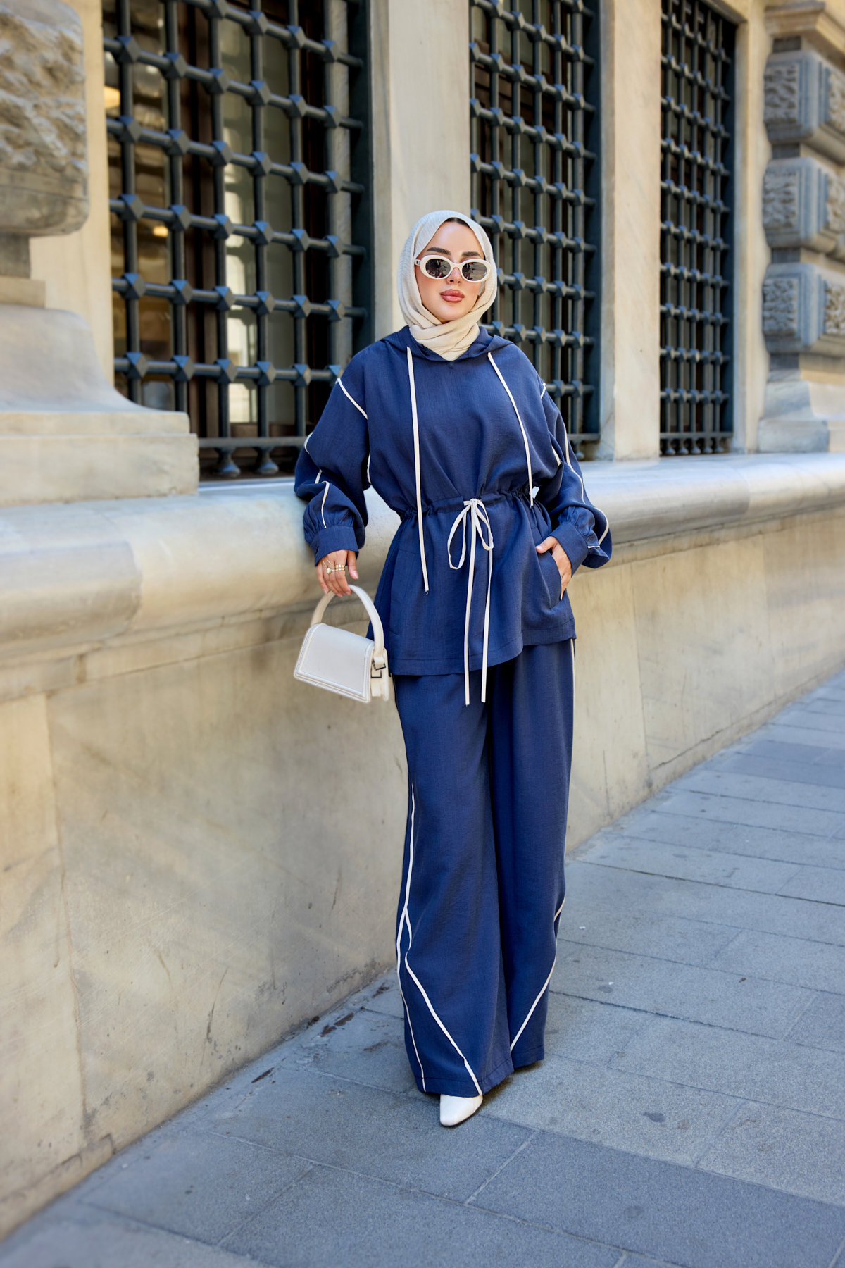 LOCCO Women's Stripe Detailed Collar and Waist Tie Hooded Parachute Suit Navy Blue