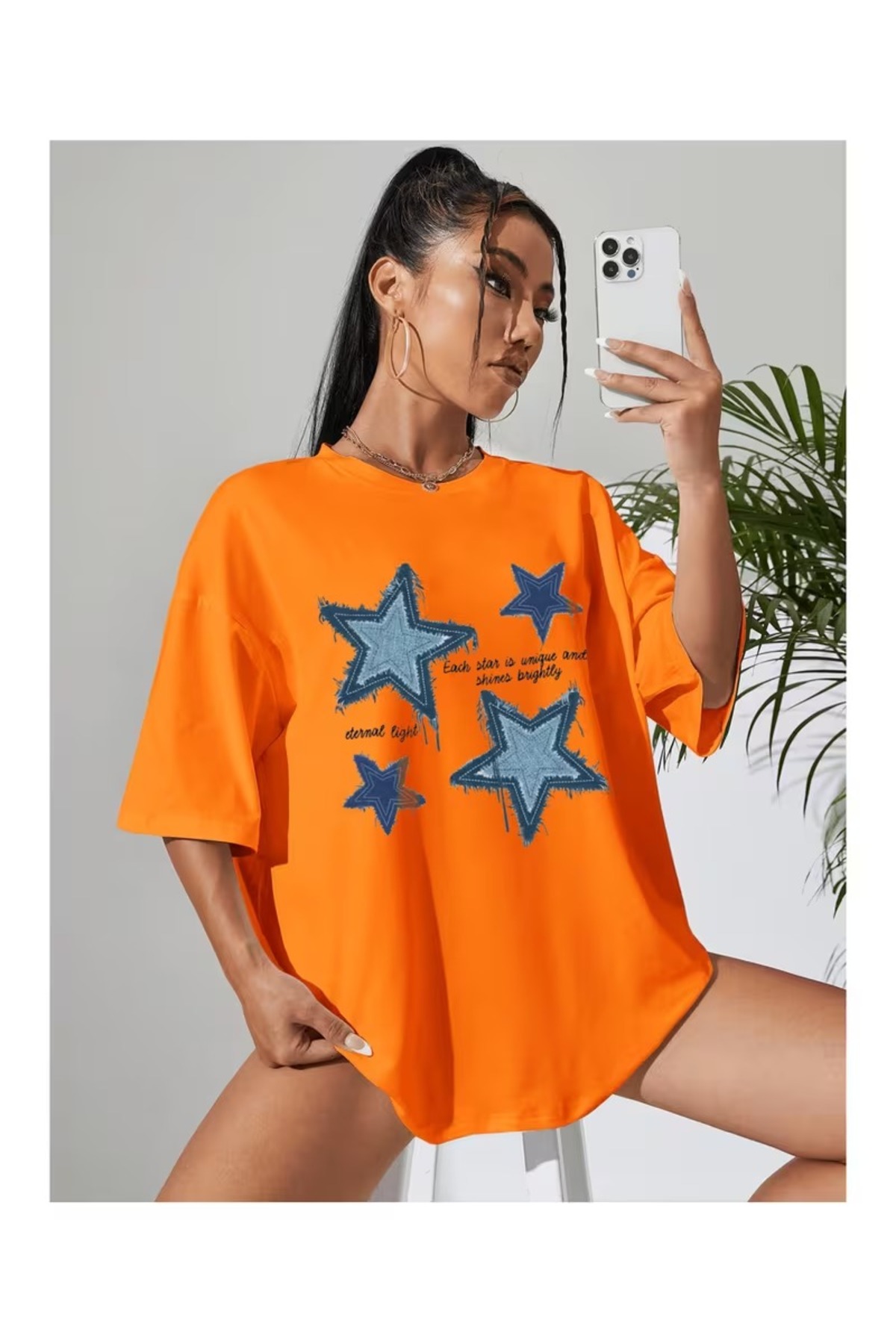 ZİYMO Women's Star Printed Oversized T-Shirt