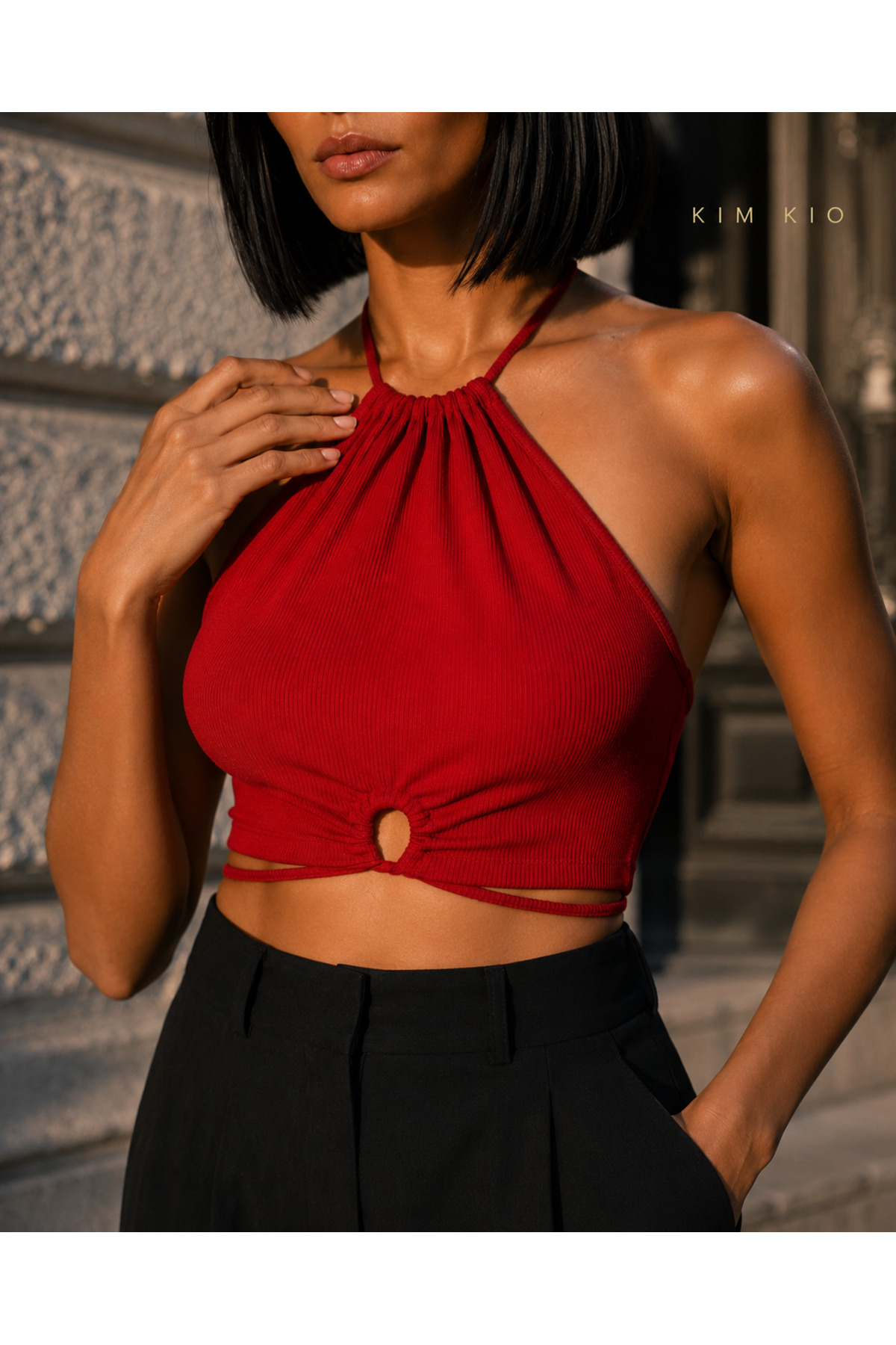 KİM Kİ O Kadın Halter Yaka Ön Halkalı Bağlamalı Kaşkorse Crop Top görsel 6