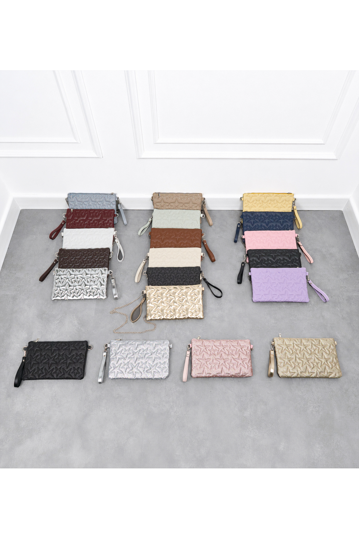Kadın Yıldız Nakış İşlemeli Portföy El Çantası Bilek Askılı Saten Astarlı Clutch Çanta
