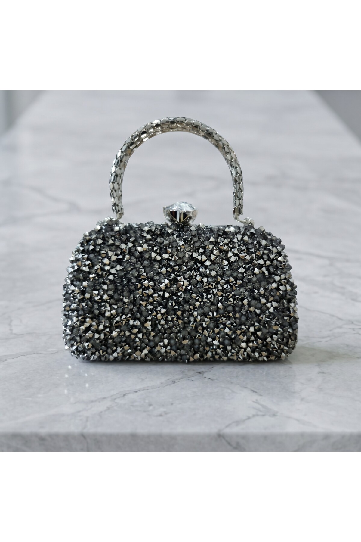 Dilora Kadın Antrasit (Gun Metal) Kristal Taşlı Abiye Çanta Clutch Portföy Zincir Askılı Düğün Nişan Gece Çantası görsel 8