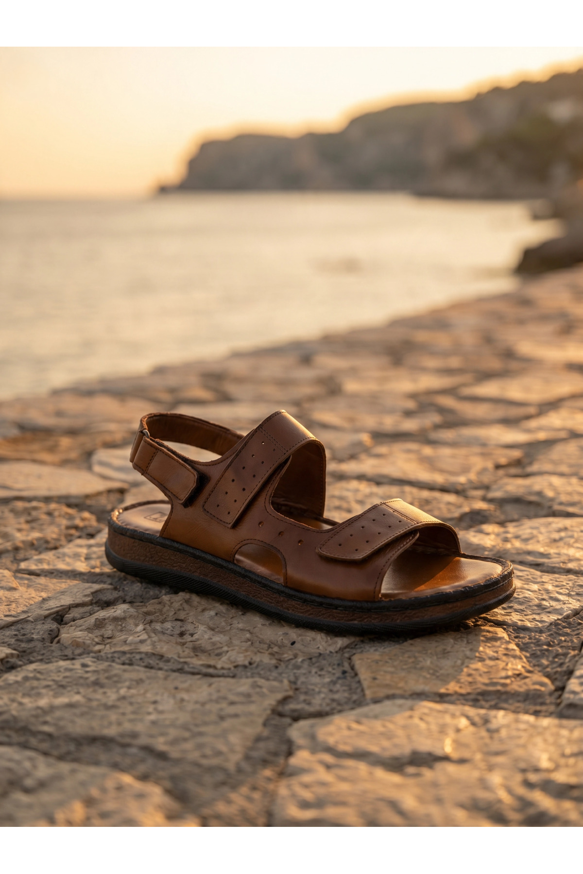 Fame Step Hakiki Deri Unisex Ortopedik Sandalet Taba Yumuşak Taban Cırtlı Comfort Yazlık Günlük Terlik görsel 5