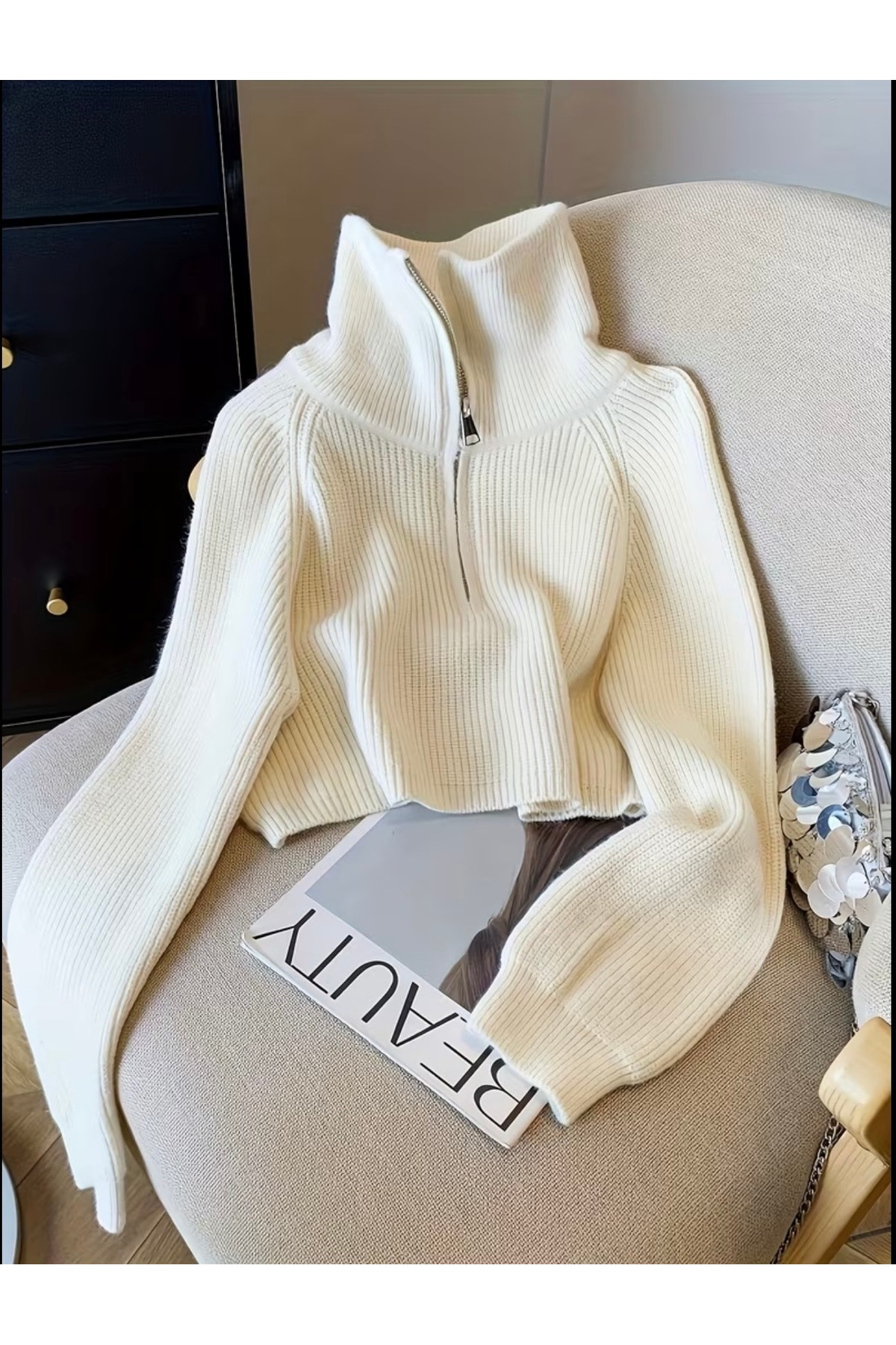 NATUFIAN STORE Kadın Devrik Yaka İtalyan Kol Oversize Basic Triko Kazak görsel 2
