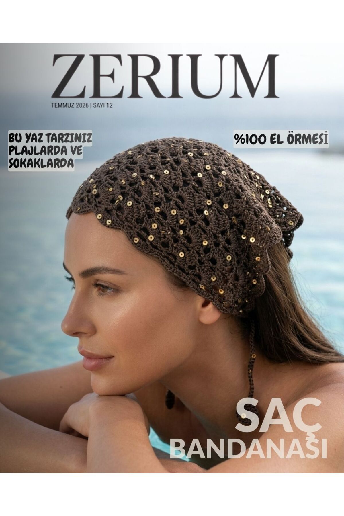 Women's Knitting Bohemian Fishnet Summer Bandana Handmade Sequins Brown
