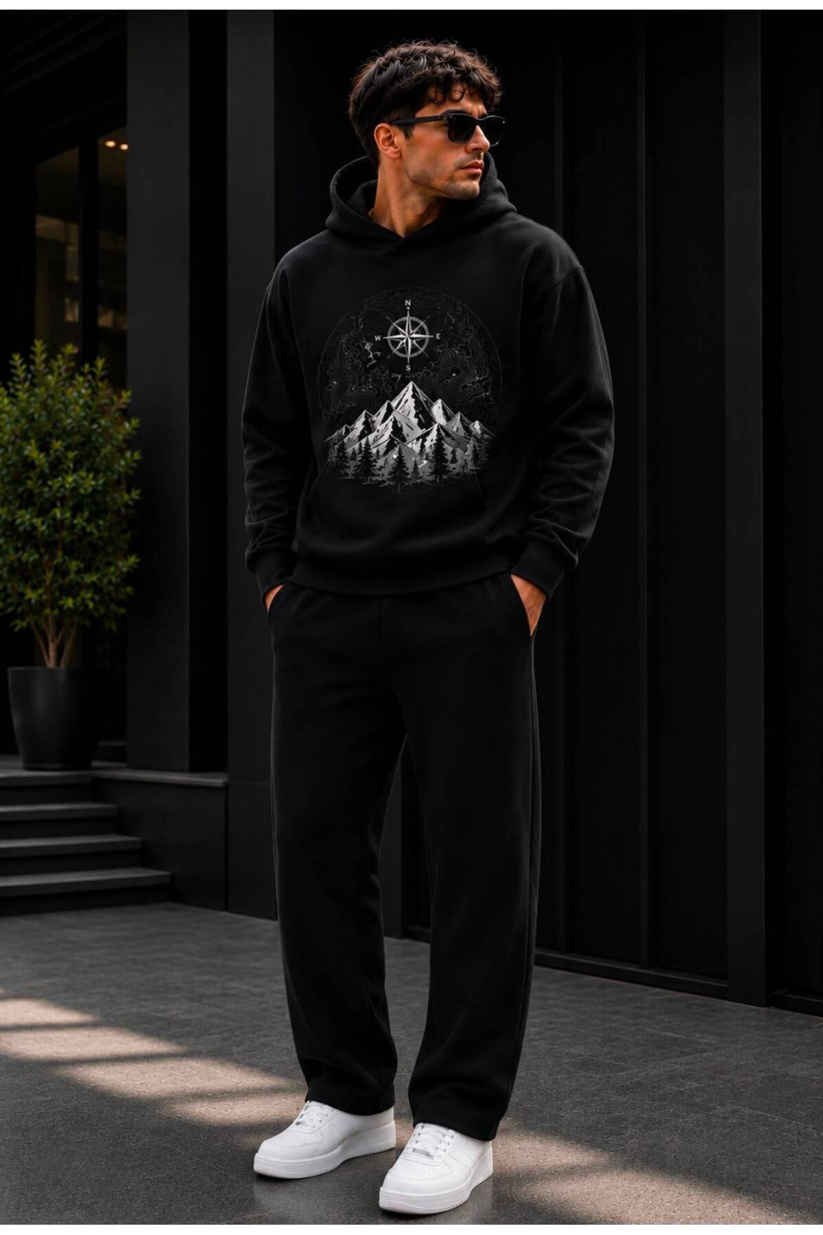 Erkek Premium Baskılı Kapşonlu Sweatshirt Regular Kesim Eşofman Takımı — مشکی A72