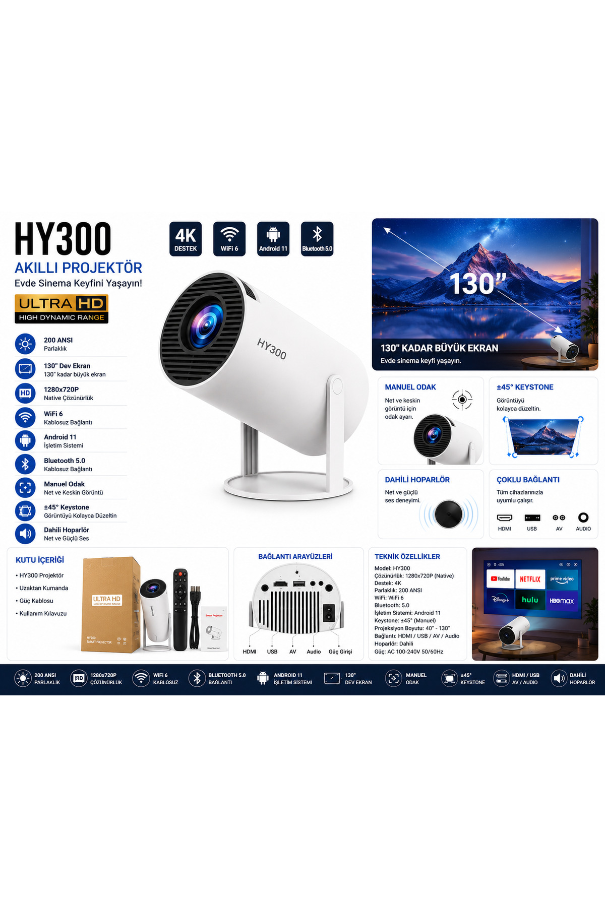 thmz HY300 Akıllı Projeksiyon Cihazı Android 11 WiFi 6 Bluetooth 5.0 4K Destek 200 ANSI HD