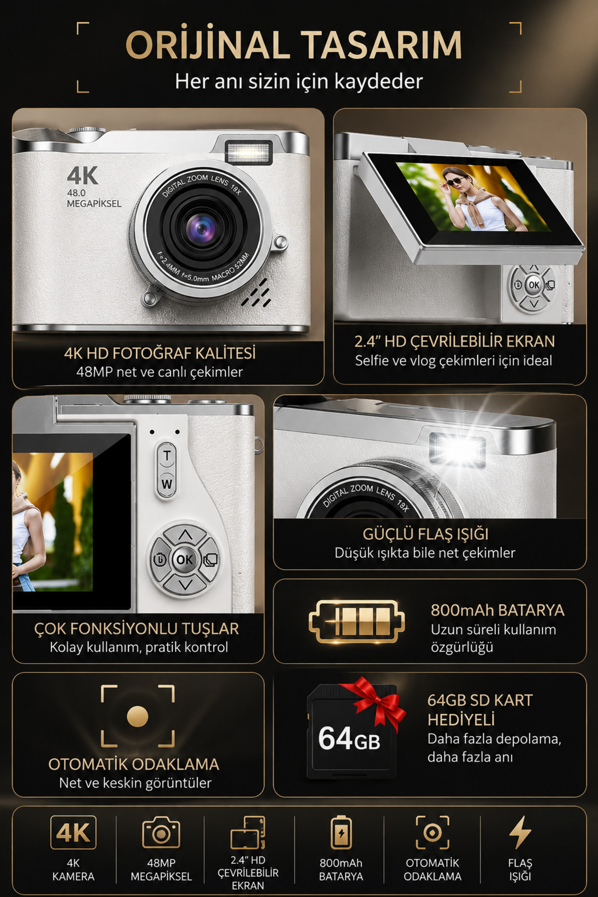 SEYUTECH 4K Dijital Fotoğraf Makinesi 48MP Flip Ekranlı 8X Zoom