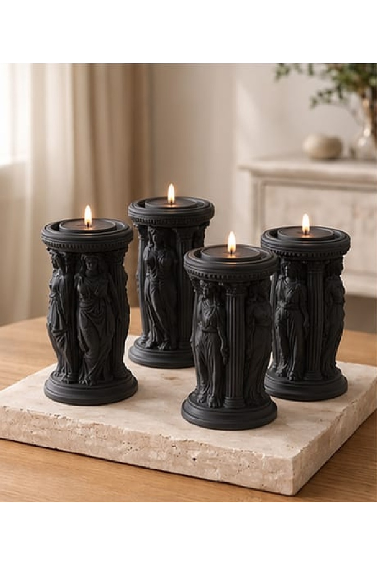 Natural Antiquated Stone Casting Hellenistic Goddess Candle Holder Set Trinket Sculpture Handmade Trinket