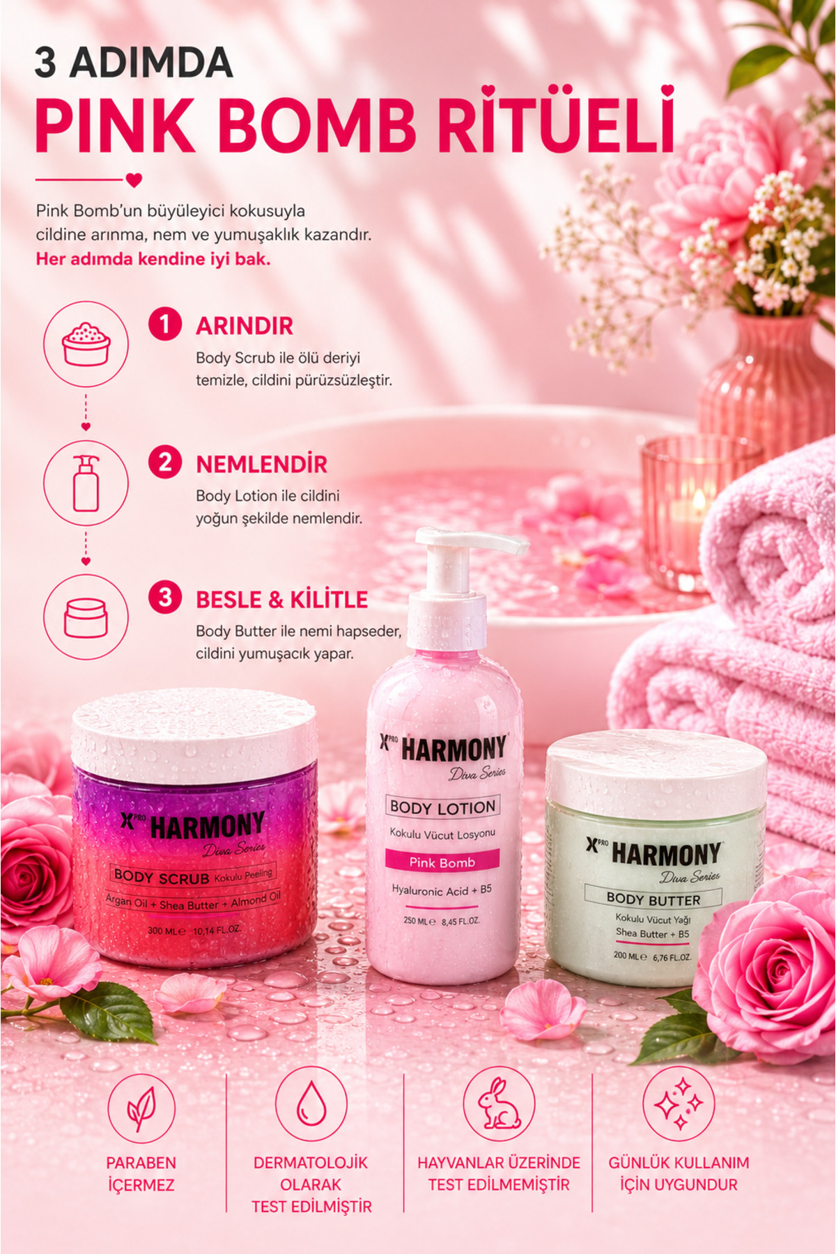 Pink Bomb Ritüeli 3’lü Vücut Bakım Seti 750 ml | Body Scrub + Body Lotion + Body Butter — PH-VRS-PBK-750 — تصویر 3 از 6