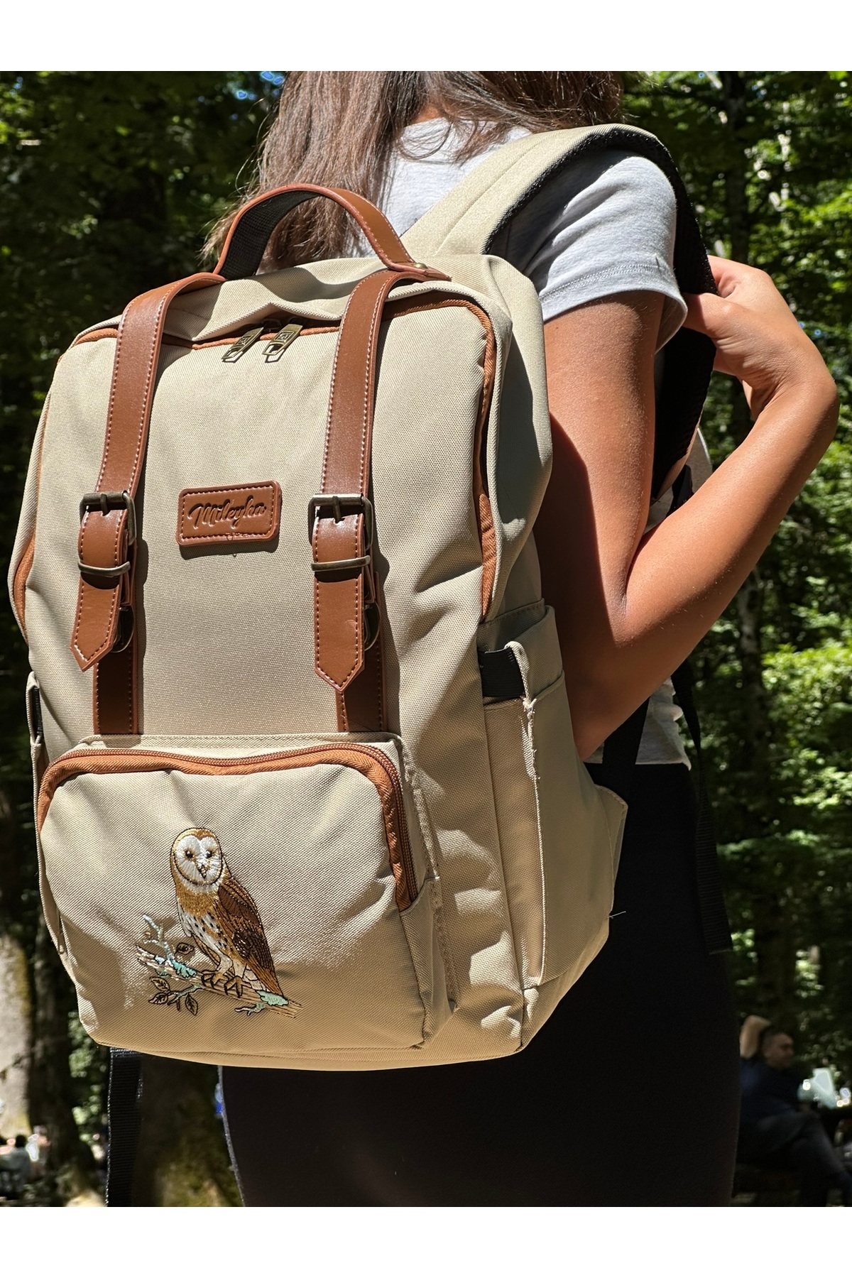 Mileyha Peçeli Baykuş Nakışlı Bej Sırt Çantası, 15L, Laptop Bölmeli, Suni Deri Detaylı, Kuş Desenli görsel 4