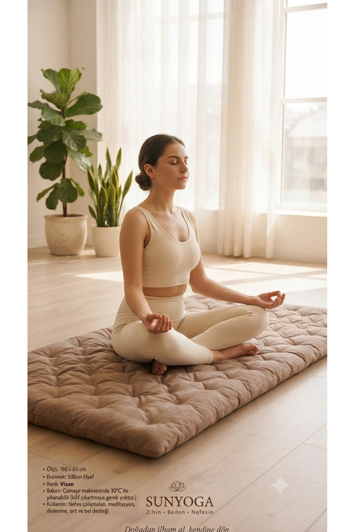 SUNYOGA Pamuk Kapitone Meditasyon Minderi 180x60 cm - Konforlu Yoga Matı ve Yer Minderi