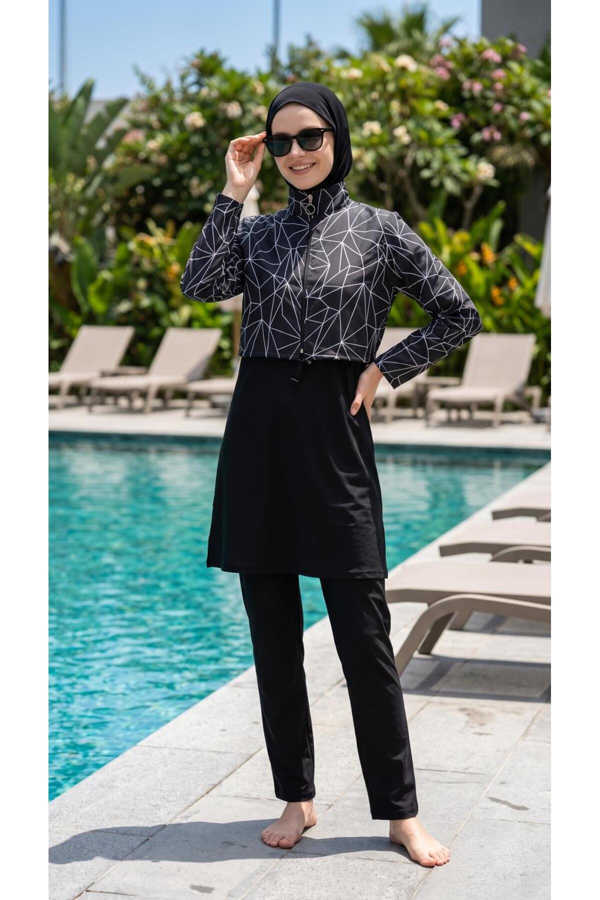Rimal Full Closed Modest Swimwear Ethnic Pattern 4-Piece Set with Boned
