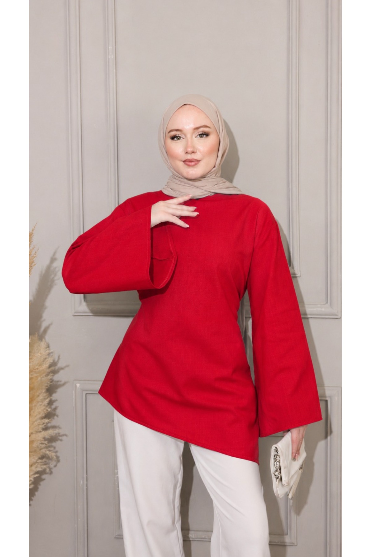 onlymoon Kırmızı %100 Keten Arkadan Bağlamalı Asimetrik Kesim Tunik | Geniş Kollu Doğal Pamuklu Oversize Günlük Tesettür Tunik | Rahat Şık Kadın Üst Giyim