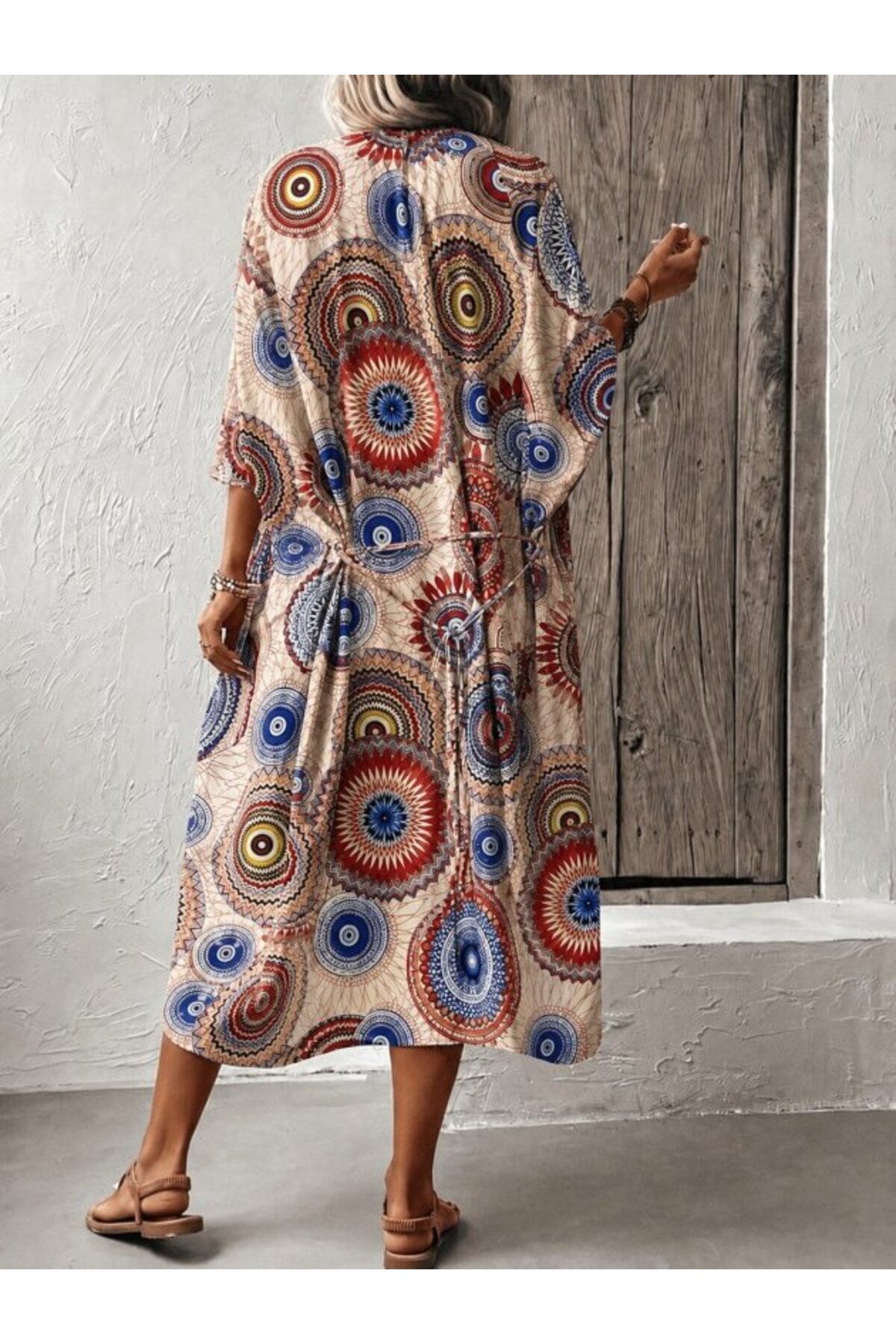 Kadın Kısa Kollu önü Açık Belden Kuşaklı Uzun Kimono