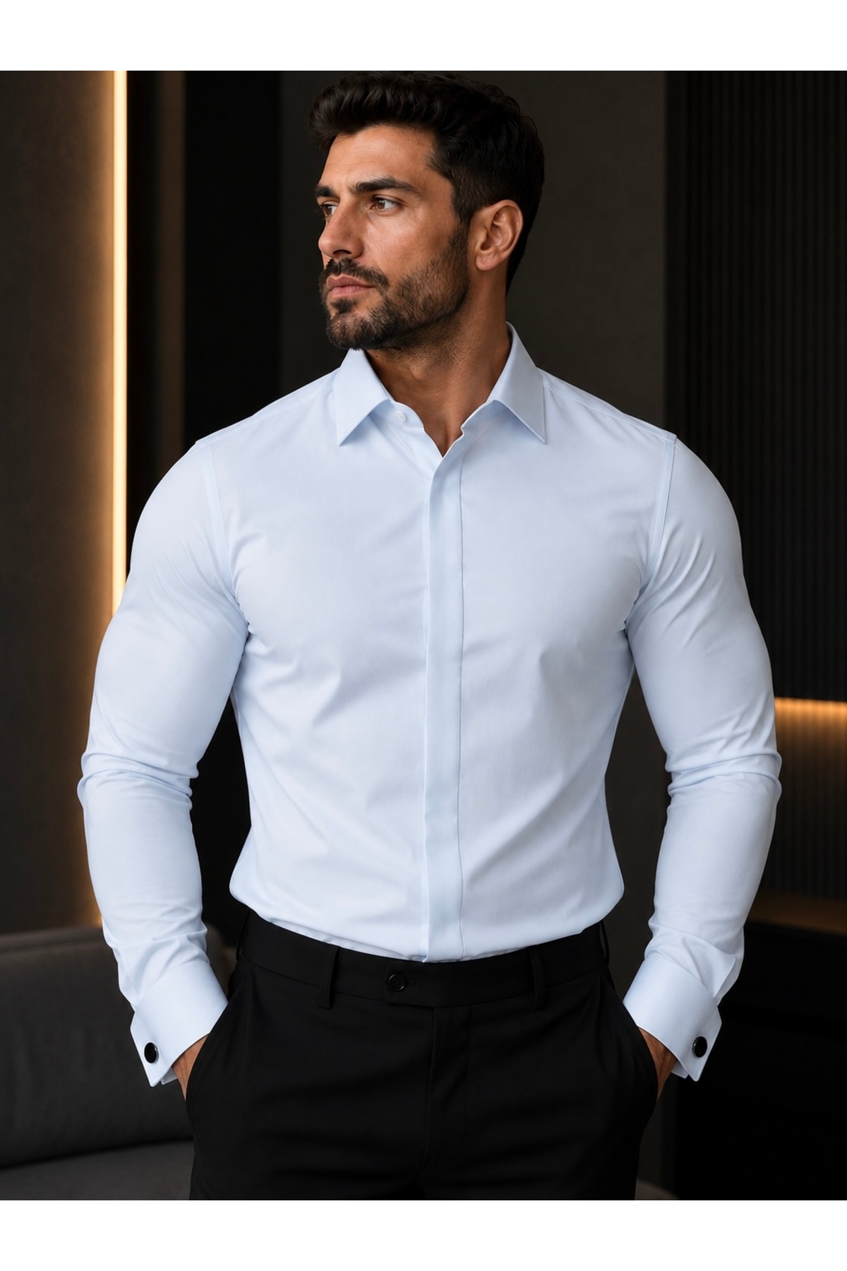 Slim Fit Gizli Pat Kol Düğmeli Saten Likra — آبی PSR140