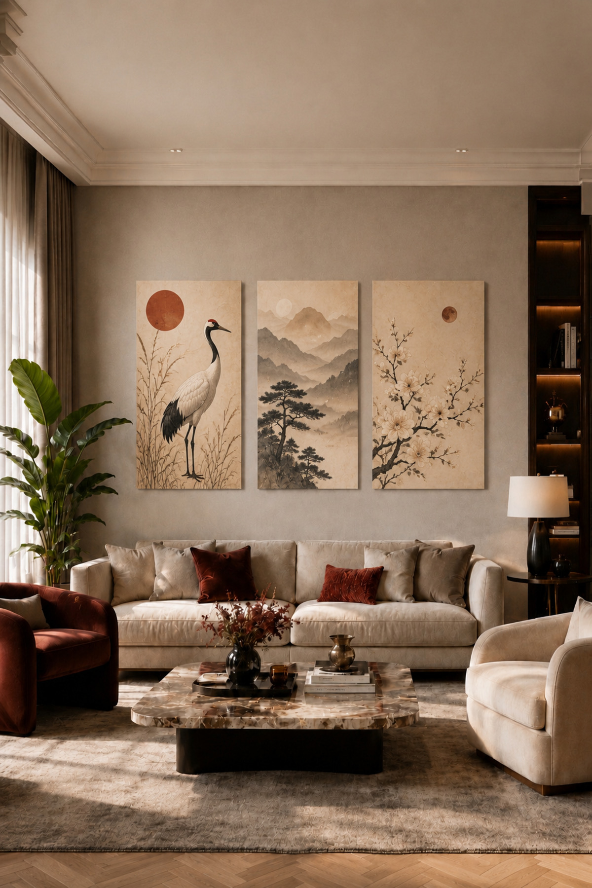 3 Parça MDF Zen Doğa Tablo Seti Vinç Kuşu Dağ ve Sakura Modern Duvar Dekoru Salon Tablosu