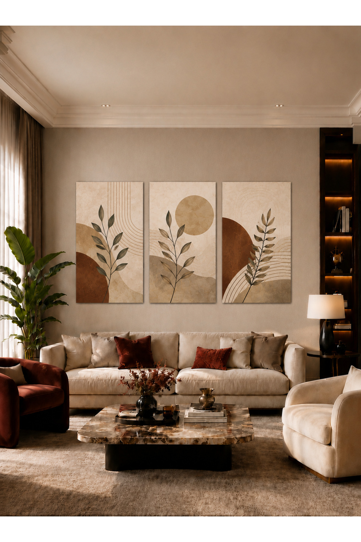 3 Parça MDF Botanik Geometrik Tablo Seti Bej Kahve Modern Minimalist Duvar Dekoru Salon Tablosu