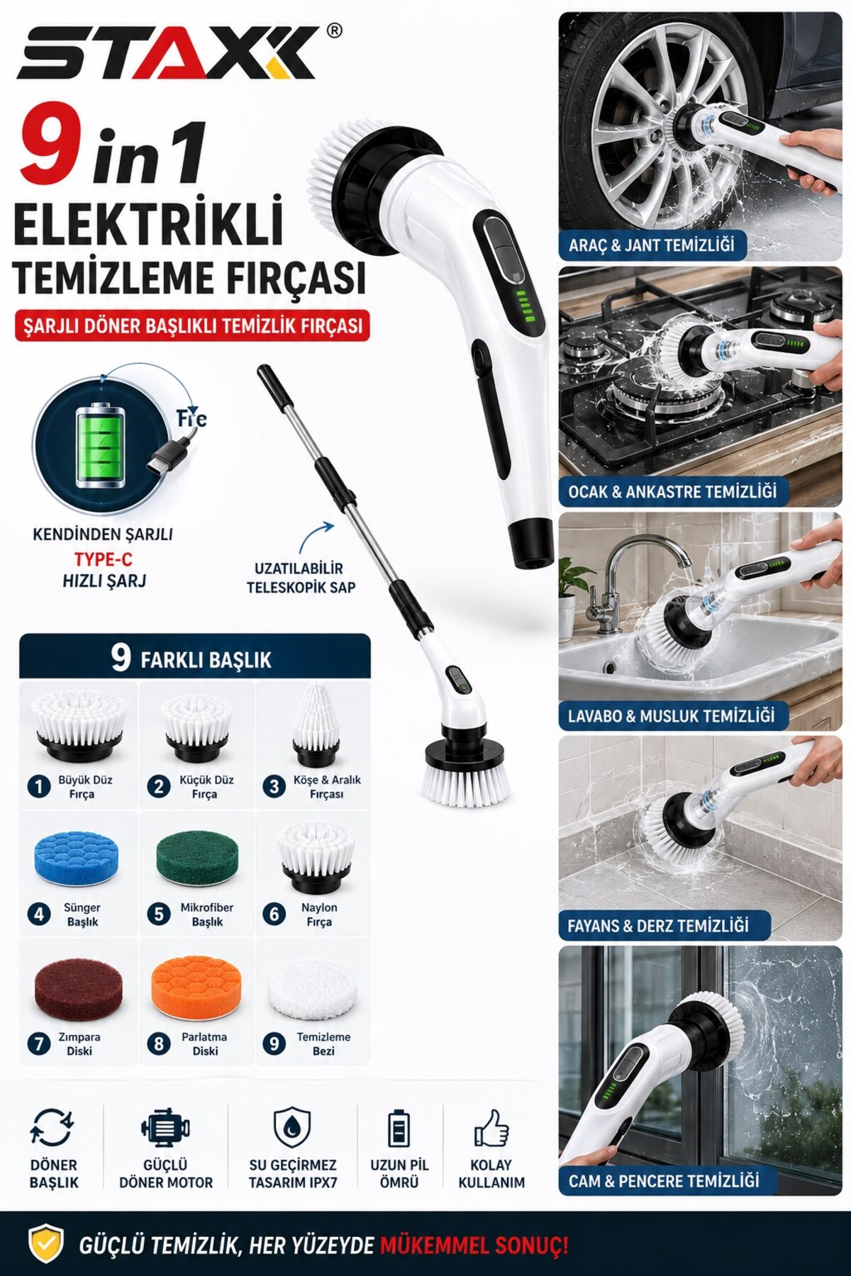 STAXX POWER 9in1 Şarjlı Temizlik Fırçası – Kablosuz Şarjlı Döner Fırça – Araç Banyo Fayans Mutfak Temizlik Seti