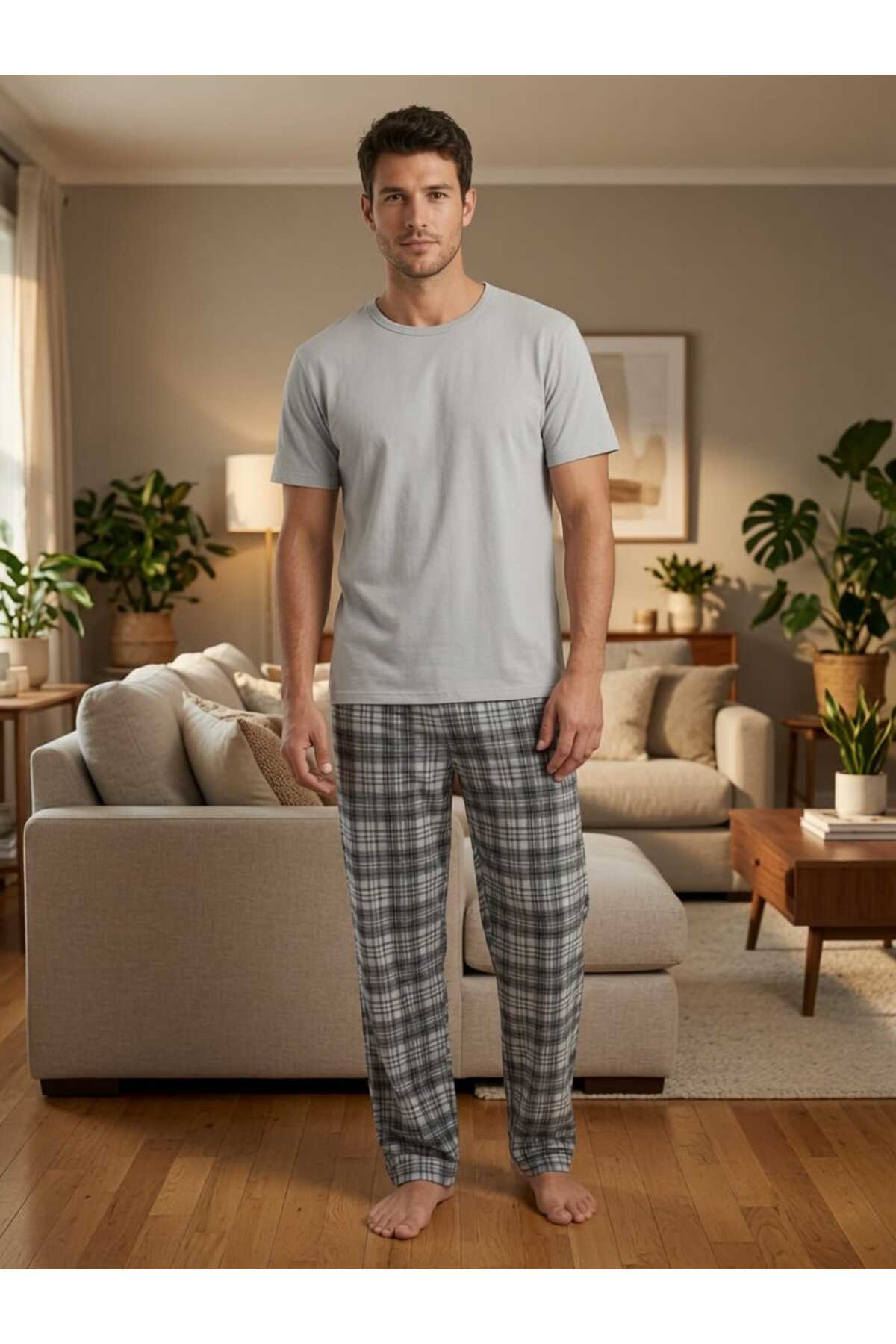 PİJART Erkek Gri Ekose Pamuklu Pijama Takımı görsel 2