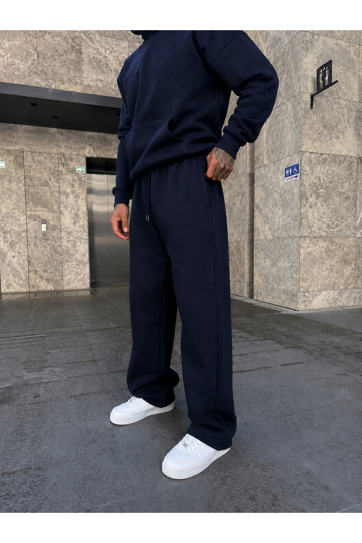ERKEK Oversize Baggy Kalıp Uygun Basic Günlük Eşofman Takımı — سرمه‌ای BRNSFTK7 — تصویر 2 از 4