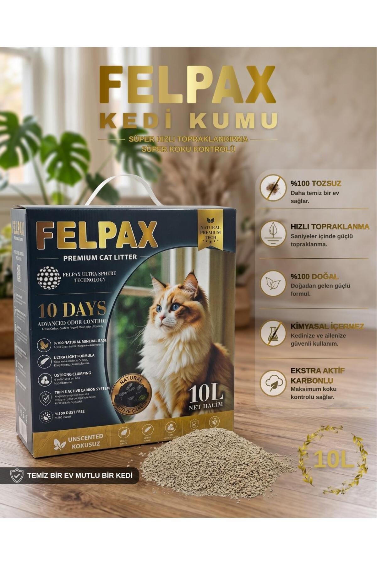 Felpax %100 Tozsuz Premium Aktif Karbonlu Hızlı Topaklanan Kedi Kumu 10 Litre