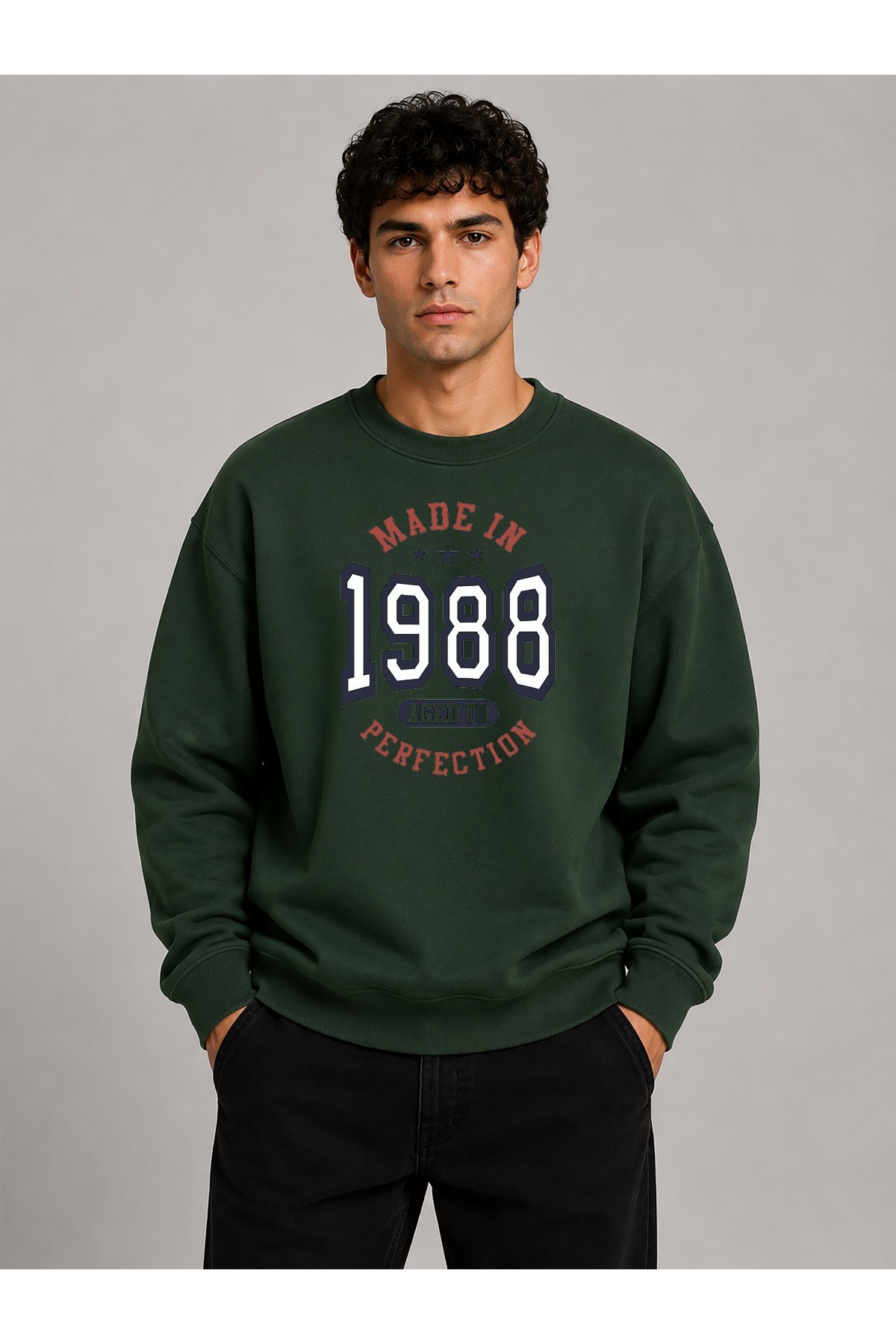 herkesemoda 1988 Print Detailed Crew Neck Ribbed 2 Thread Sweatshirt