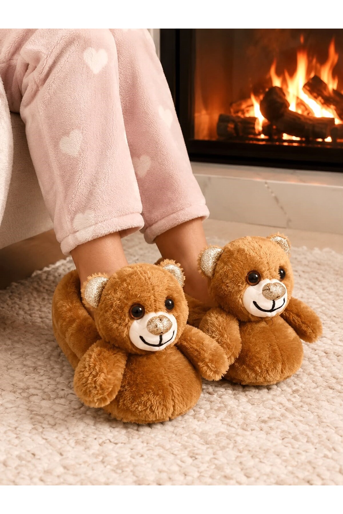 LİNA SOLE KAHVERENGİ AYICIKLI PELUŞ EV TERLİĞİ PANDUF görsel 3