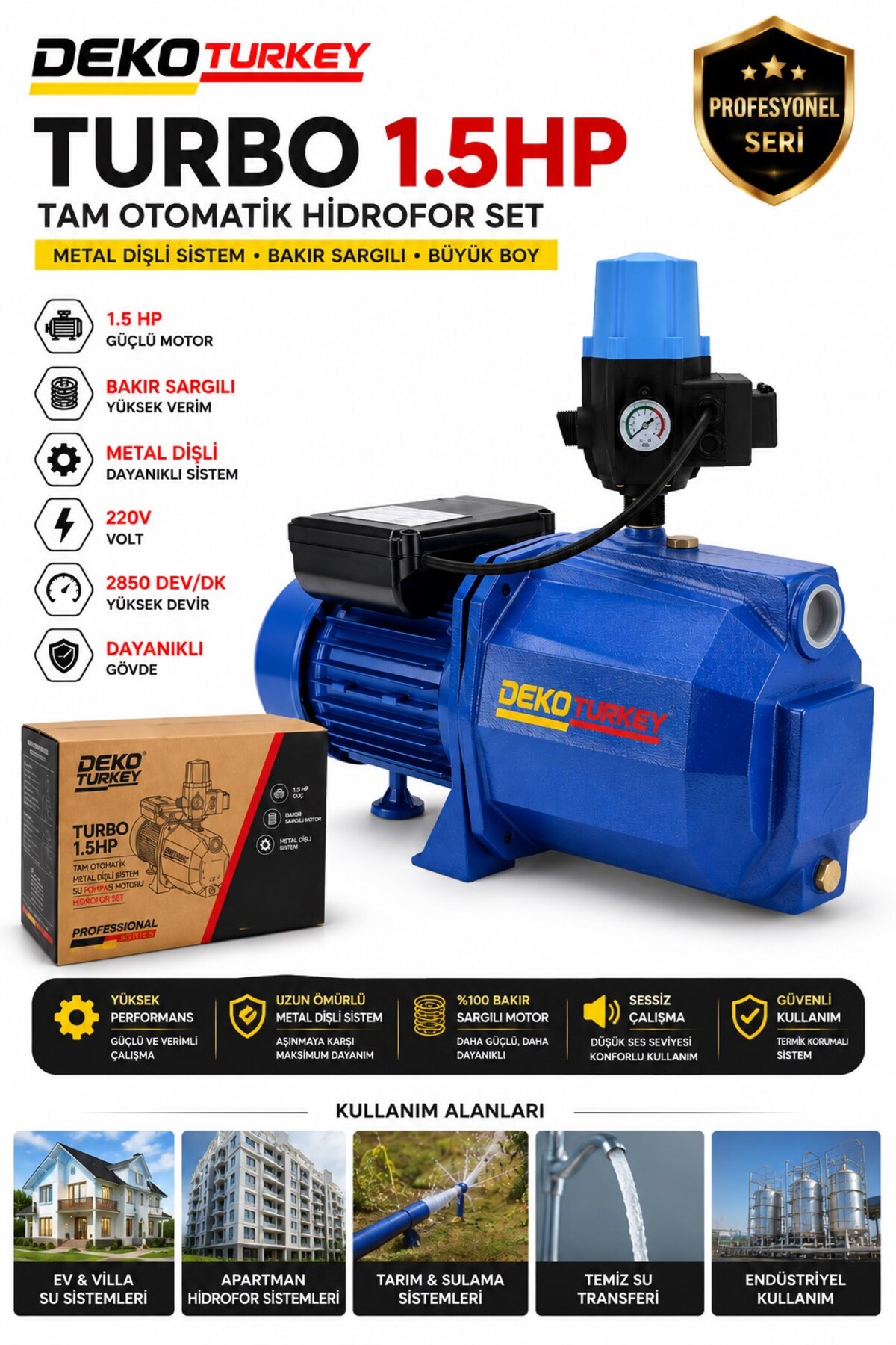 DEKO Turkey 1.5 HP Tam Otomatik Hidrofor Set Metal Dişli Bakır Sargılı Jet Su Pompası – 220V Basınçlı Su Motoru