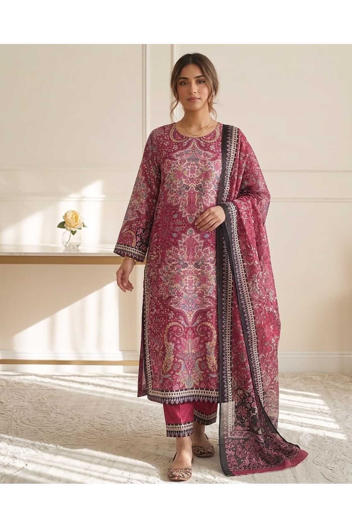 Bazm-A Fashion Atelier Affordable Pink Kurti/Pajama 3 Pcs Set