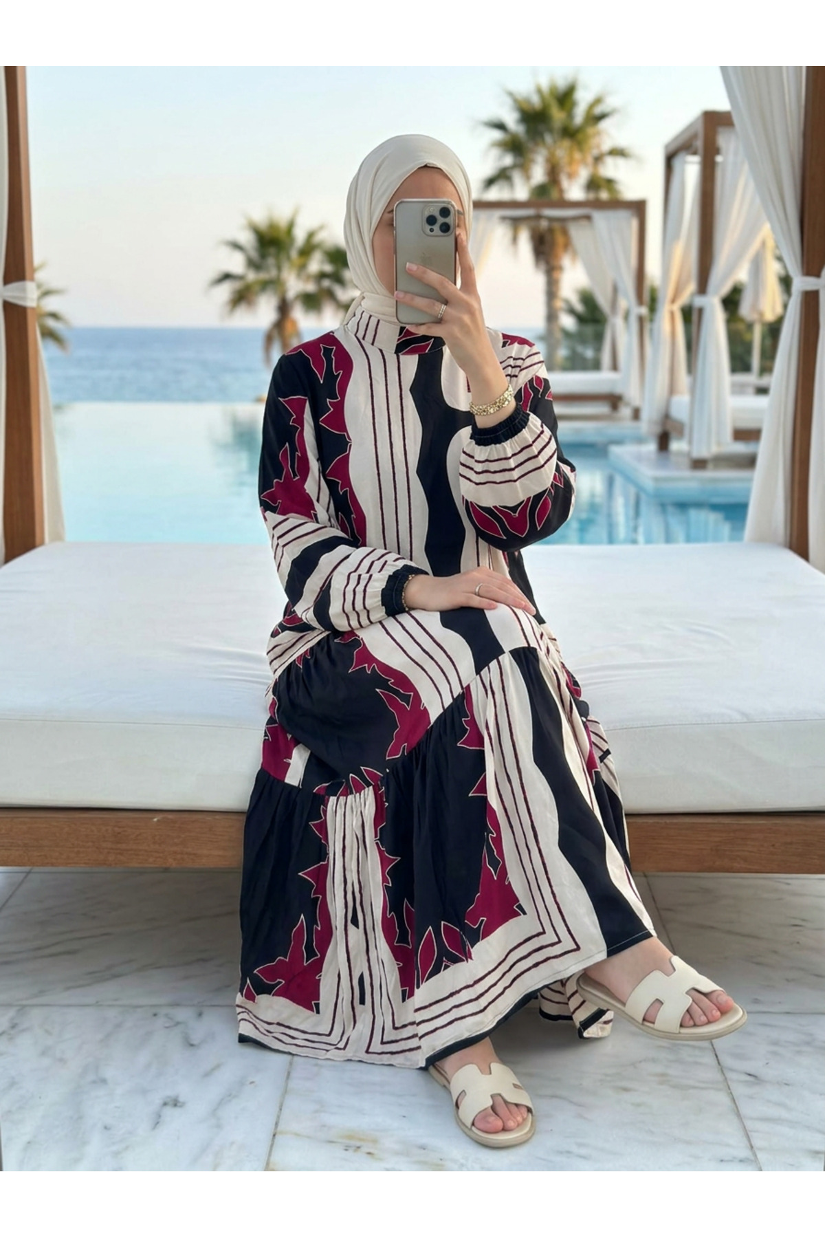 Kirazca Butik Women's Geometric Patterned Viscose Hijab Dress
