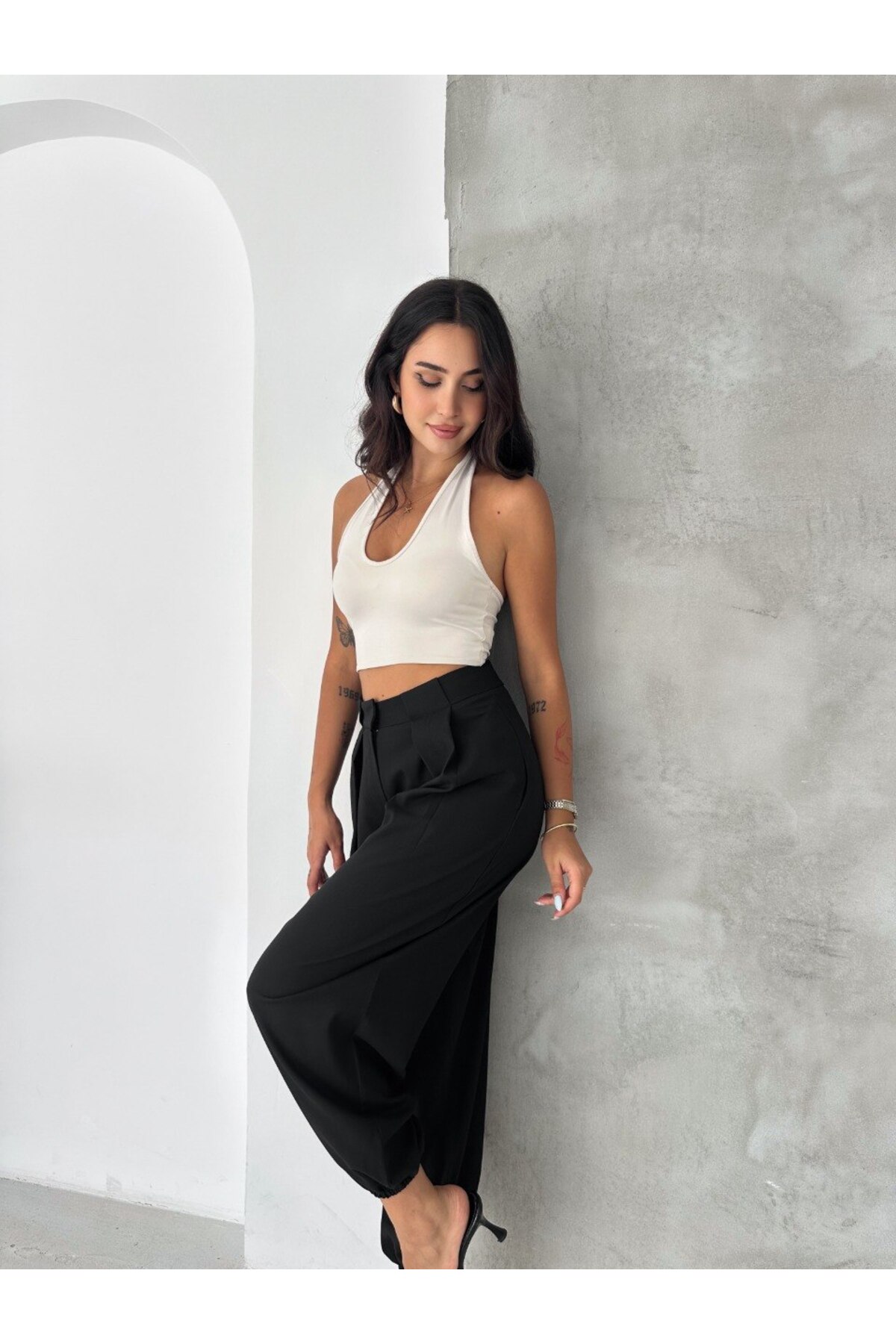 winmoda Kadın Yüksek Bel Pile Detaylı Paçası Büzgülü Salaş Dokuma Kumaş Pantolon görsel 6