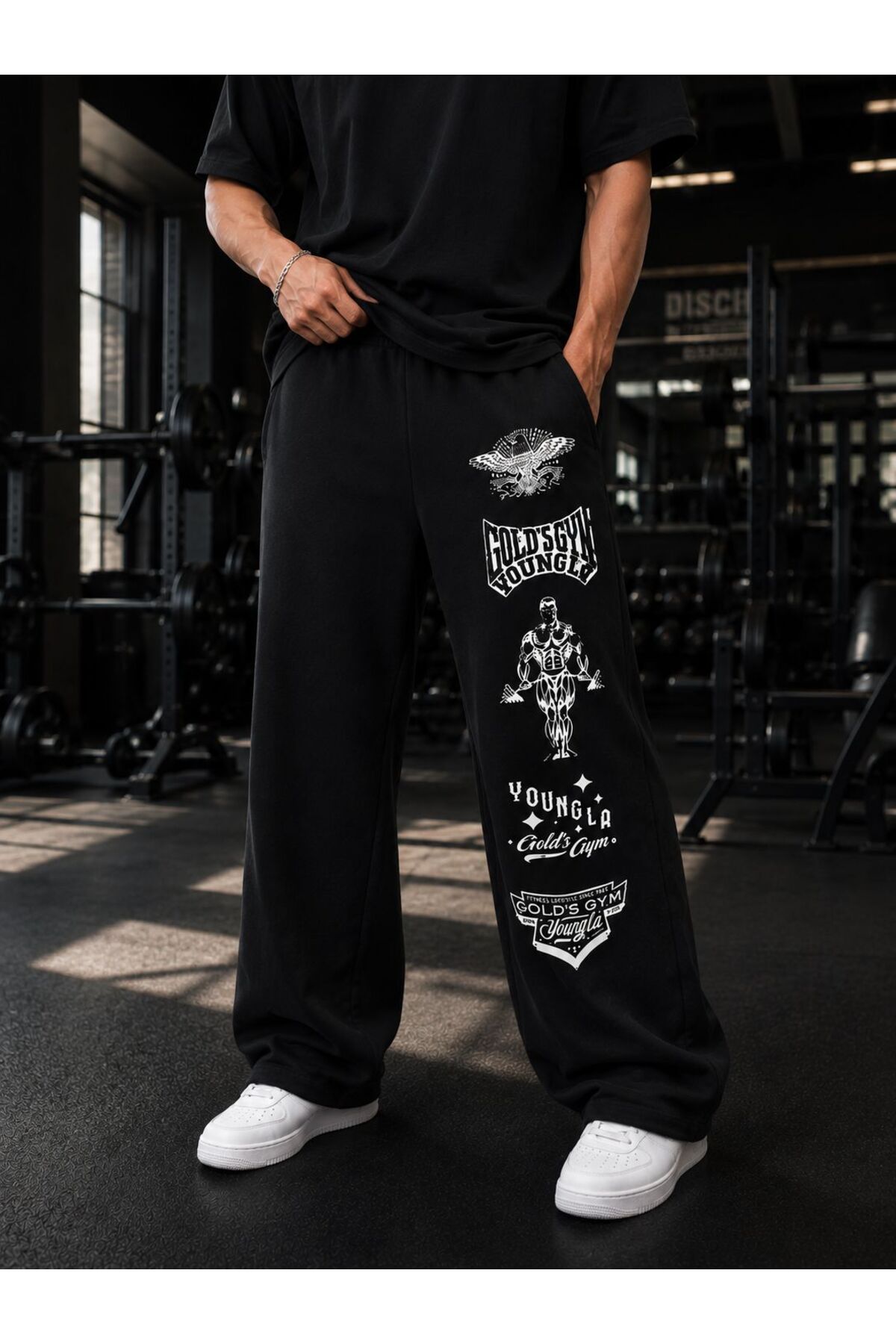 ZAVIXO Siyah 2 İplik Oversize Baskılı Eşofman Altı Gold's Gym Vintage Grafik Pamuklu Bol Paça Günlük Spor Pantolon görsel 2