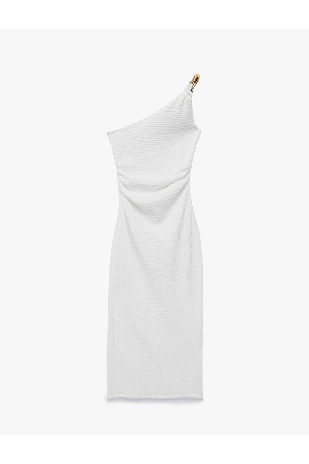 Bürümcük Kumaş Asimetrik Yaka Aksesuarlı Tek Omuz Bodycon Elbise