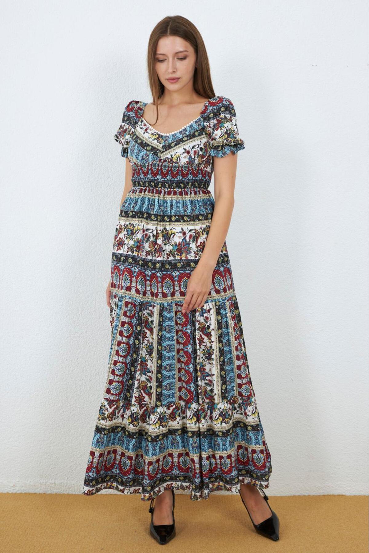 MY GRS Ethnic Pattern Fabric Madonna Collar Dress