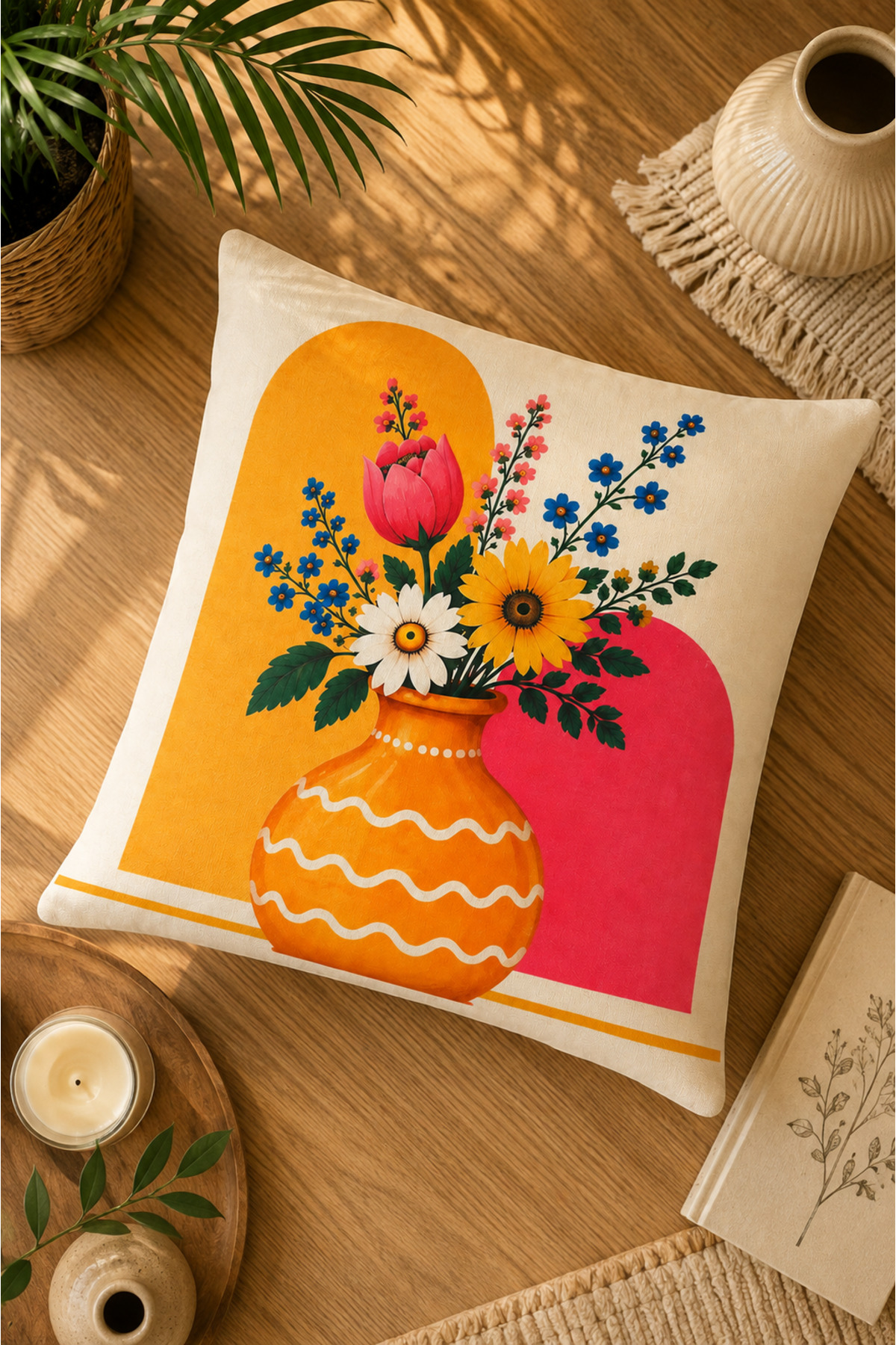 Dijital Baskılı Dekoratif Kırlent Kılıfı 43x43 cm – Modern Desenli Keten Dokulu