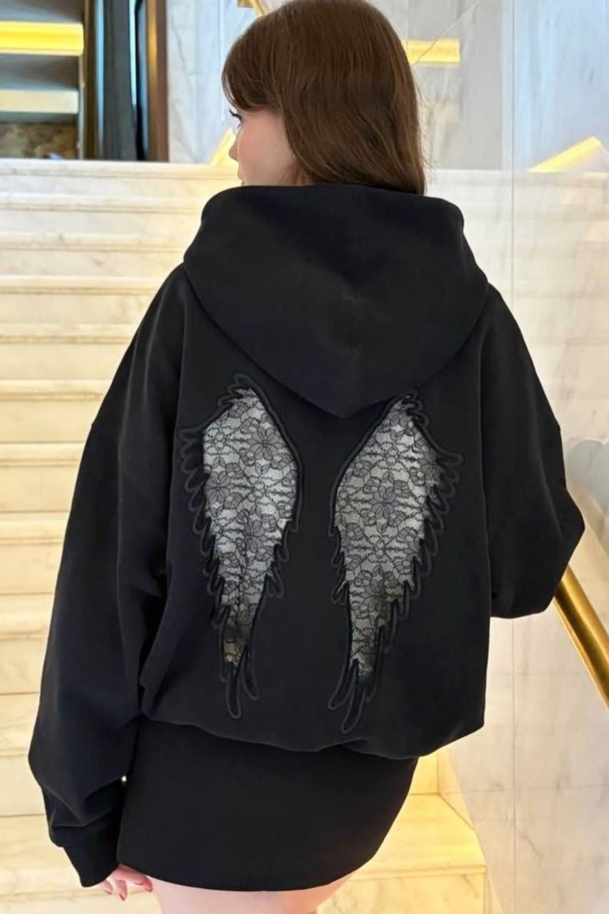 Violon WING SIRT DANTEL KANAT DETAYLI SWEATSHIRT SİYAH görsel 6
