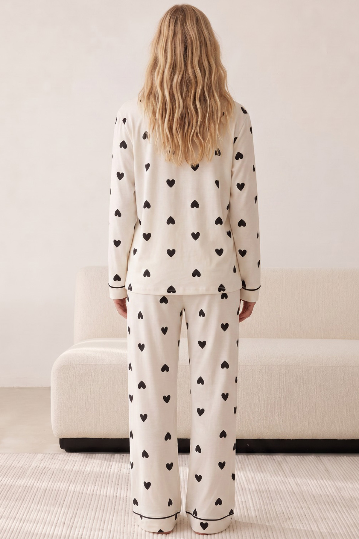 Siyah İnci beyaz siyah kalp desenli Düğmeli Biyeli Oversize Pamuklu Örme Pijama Takım 8071 görsel 4
