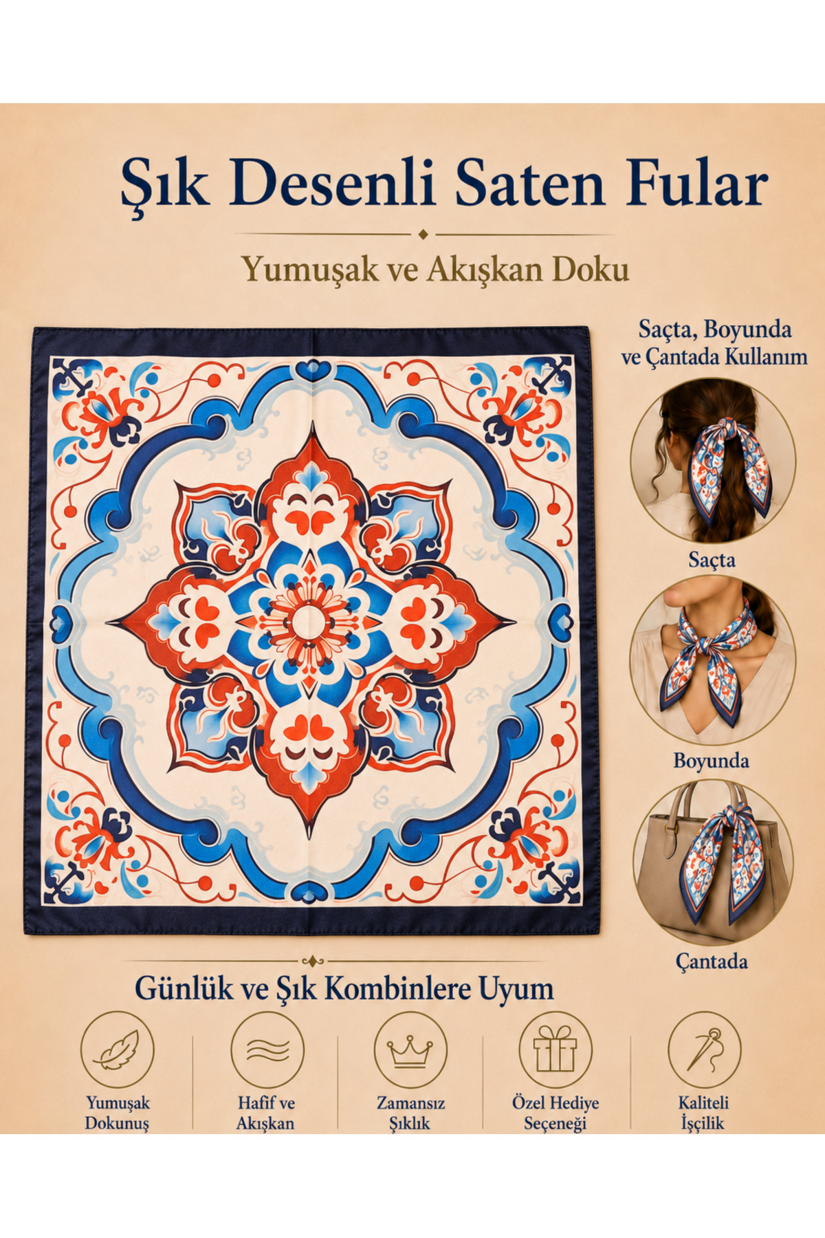 OUS Kadın Çini Desenli 50x50 cm Saten Fular, Lacivert Kenarlı İpeksi Dokulu Kare Boyun Saç ve Çanta Aksesuarı görsel 4